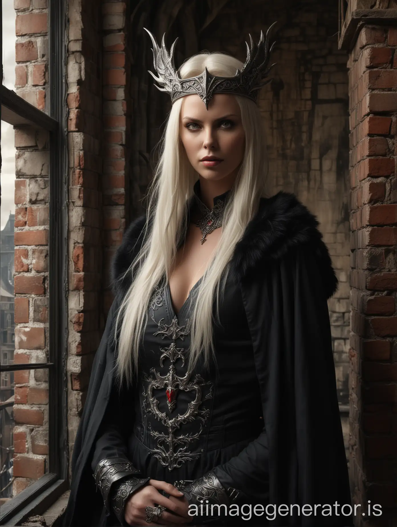 portrait closeup, charlize theron face reference, white very-long sleek hair, wearing a  simple viking style crown with a dragon crest,  luis royo darkart,  pointed arms black coat-gown with crimson details, pointed armsleeves, ancient cityscape in the window, brickwall room, midnight backlight