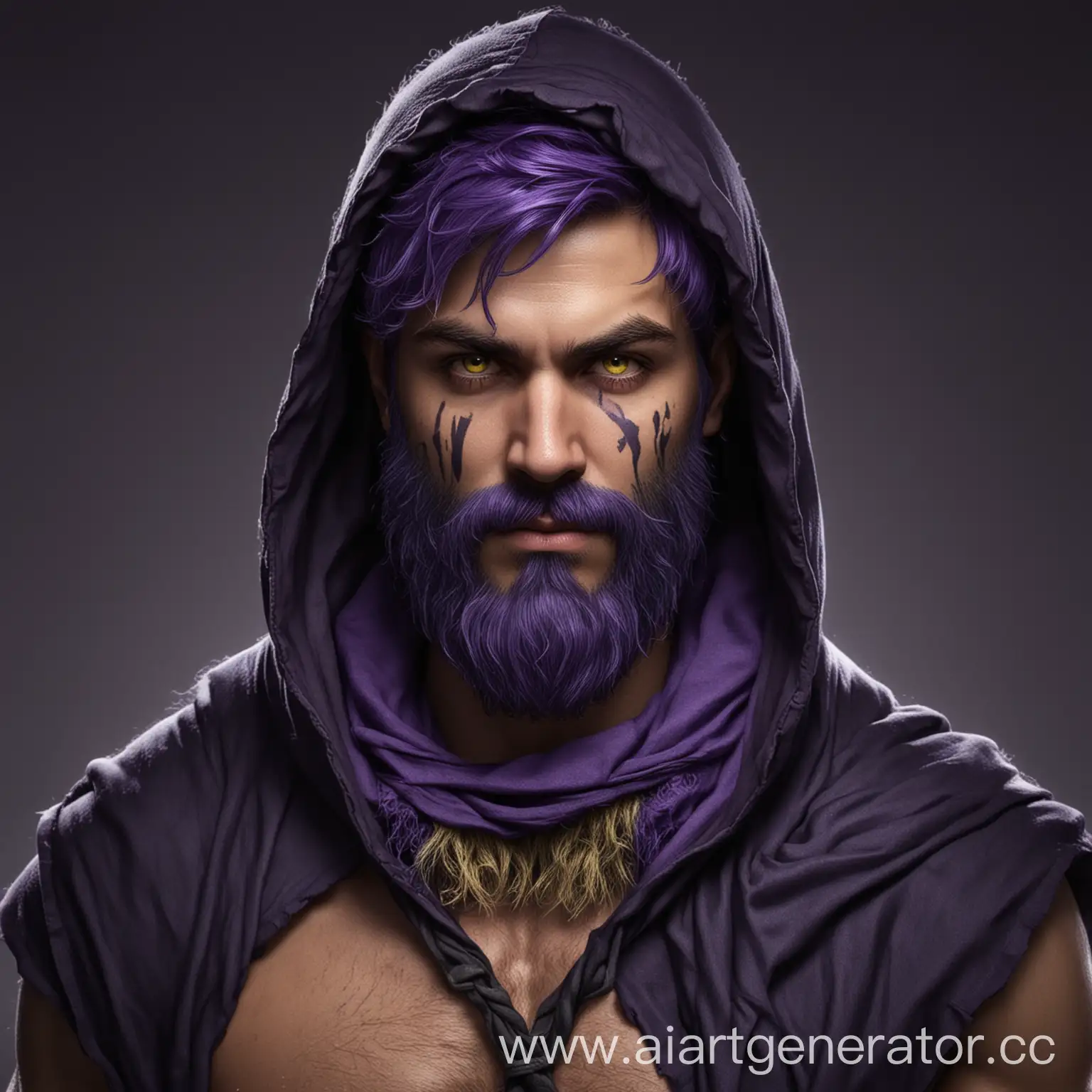 druid,athletic body, purple, black, dark purple, light yellow beard, hood, dark purple eyes