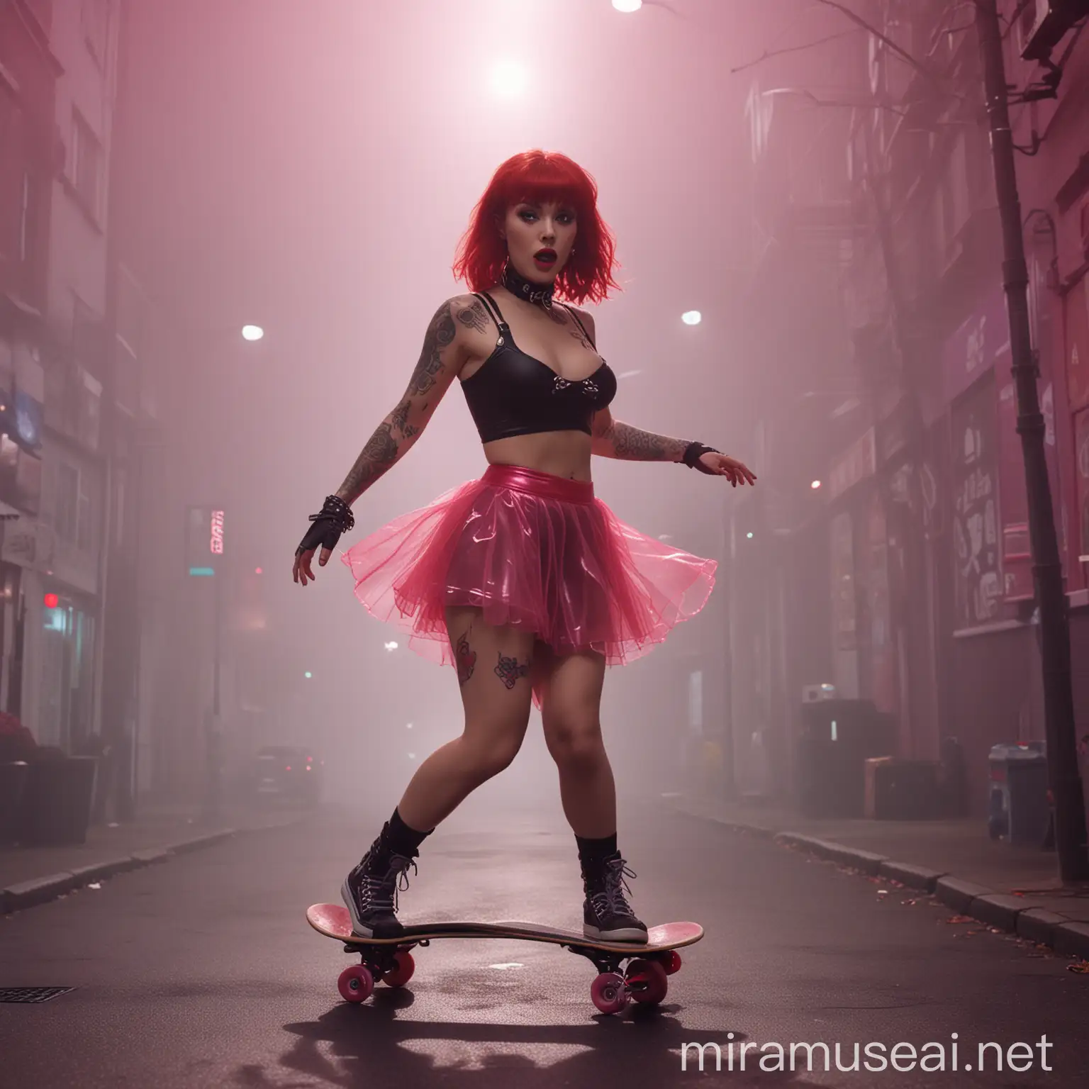 Vibrant RedHaired Gothic Skater Girl in Metallic Robot Style Synthwave Atmosphere