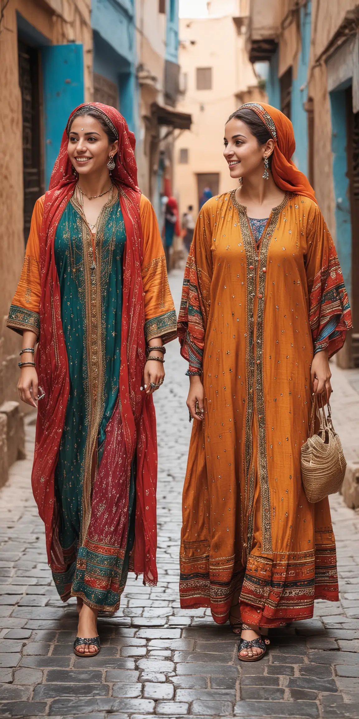 2 Moroccan women  intraditional street dress, profile, full figure