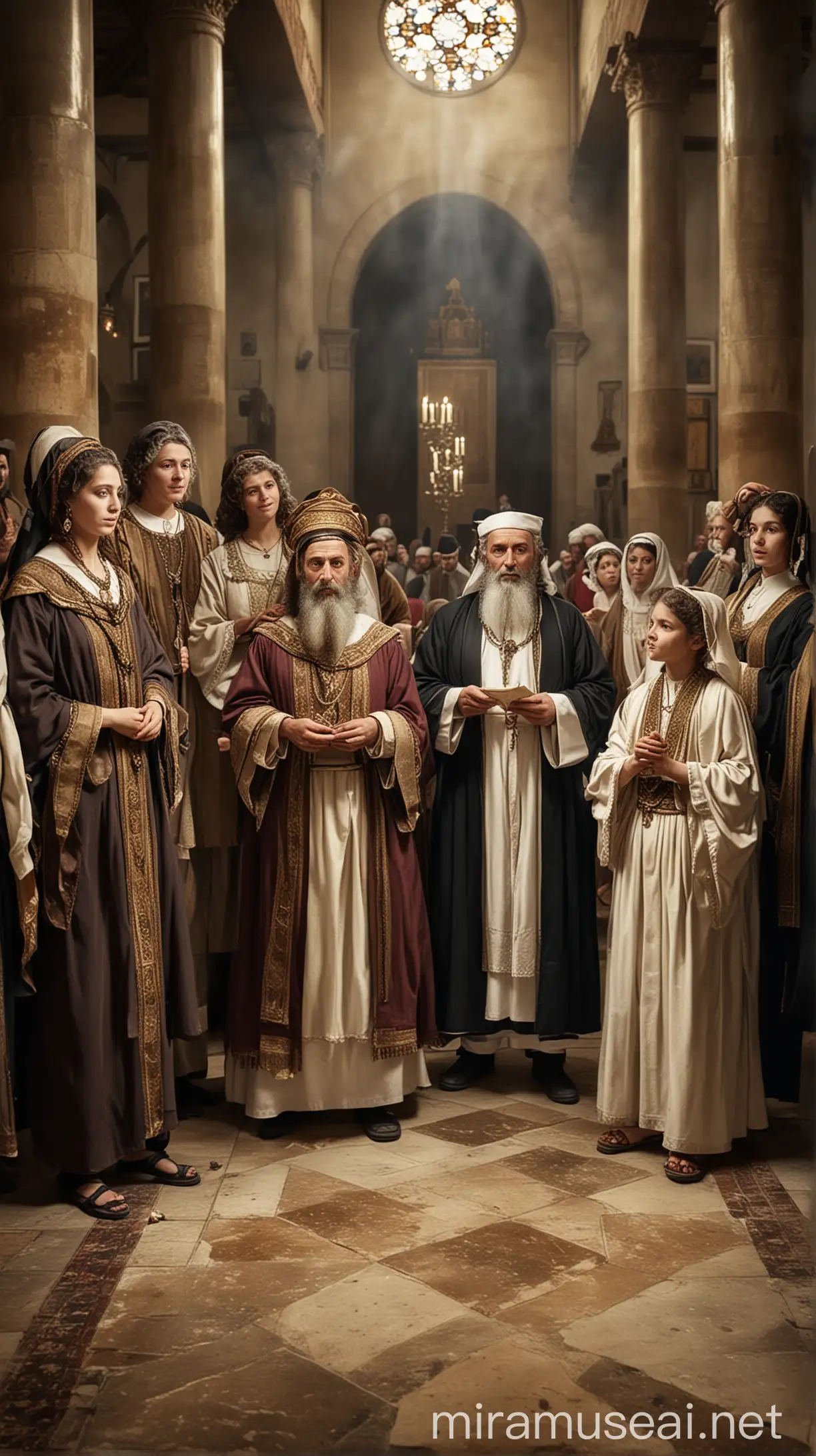Create an image of large Jewish  priest family in the synagogue .In ancient world 