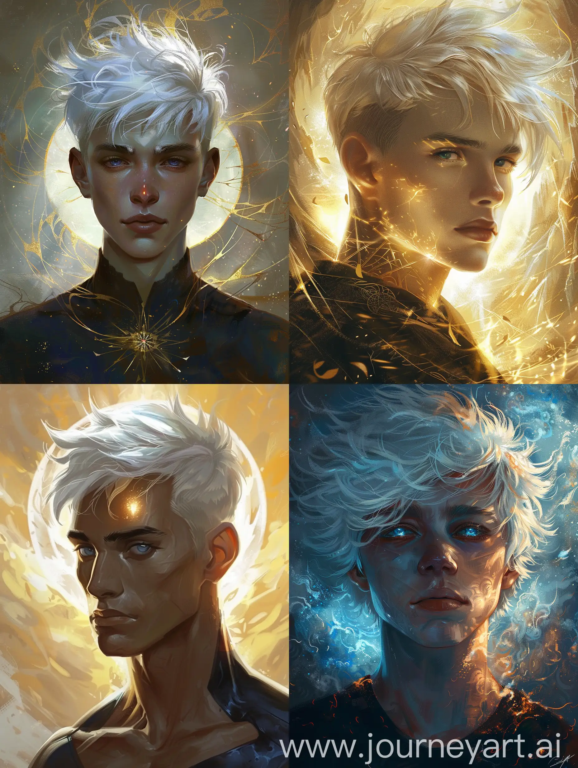 Subject: A primordial demigod son of the heavens. Tall, lean, imposing, uncontrollable aura of power, short white hair that falls over one eye, dark blue eyes, very chiseled and good looking masculine and feminine beauty.

Background: the heavens shine brightly for its young prince.

Style/detail/color: digital painting mimicking traditional oil painting, fantastical elements, warm color palette, ethereal imagery, monochrome.