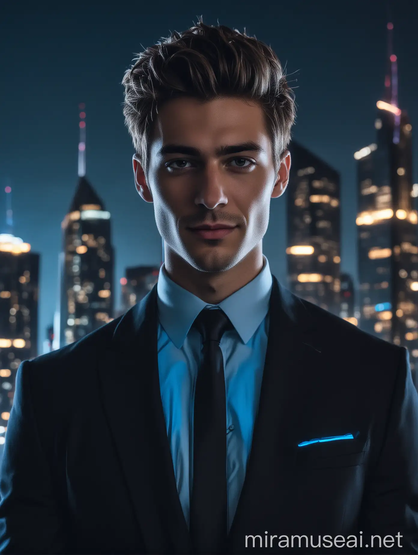 A handsome young man in suit, wearing a cool black shade with a smirk across his face, and a blue glowing light surrounding his power, with a luminous skyscraper behind him at midnight