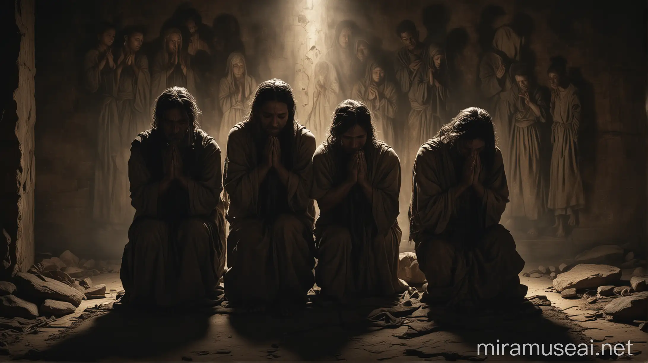 A family huddled together in prayer or mourning, with a sense of despair and hopelessness etched on their faces. The background should be dimly lit, with shadows representing the darkness they are facing."In ancient world 