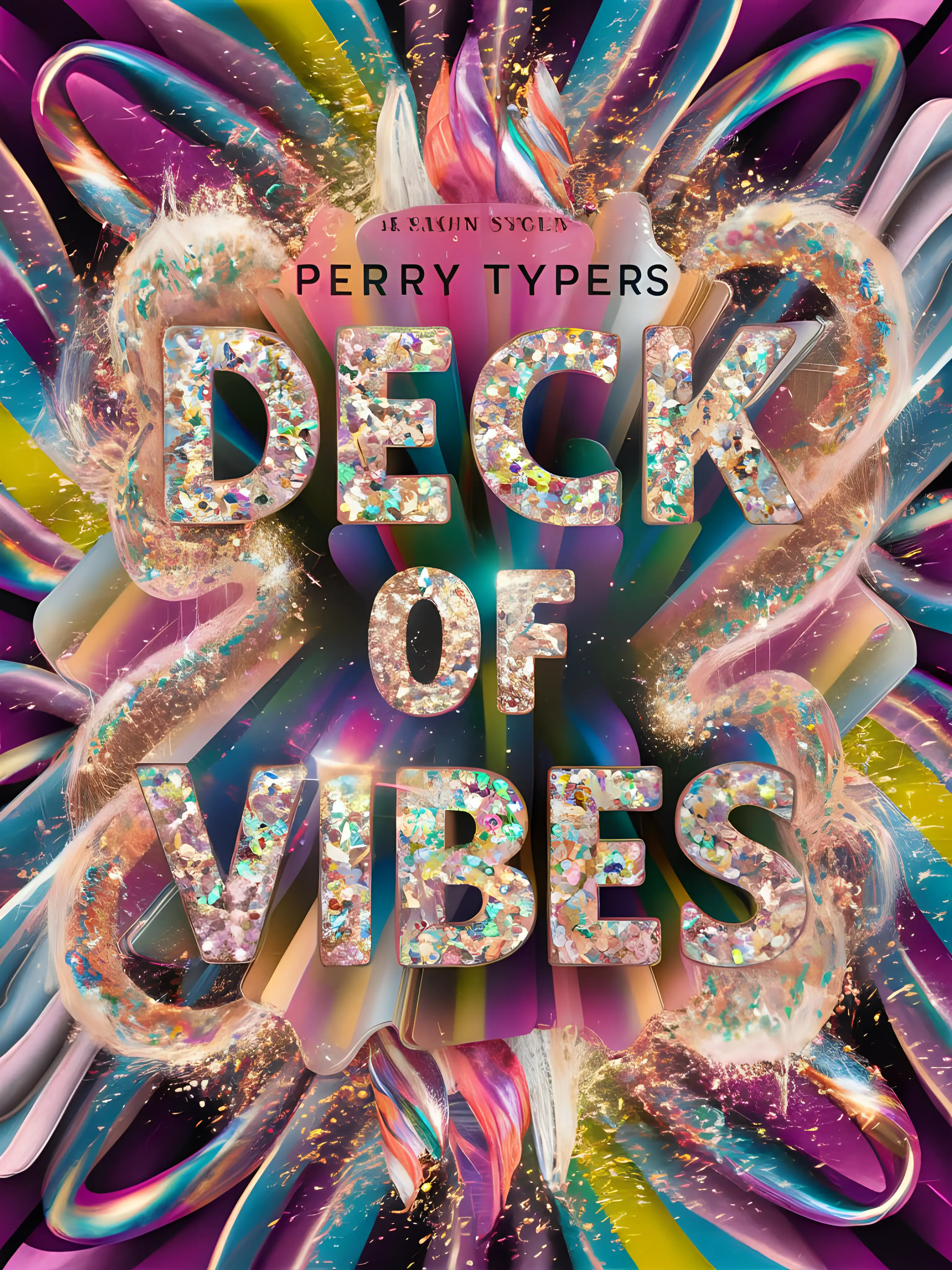 A Majestic, candy like cover of Rainbow Glitter and iridescent powder swirling into the title "Perry Typer's DECK OF VIBES"