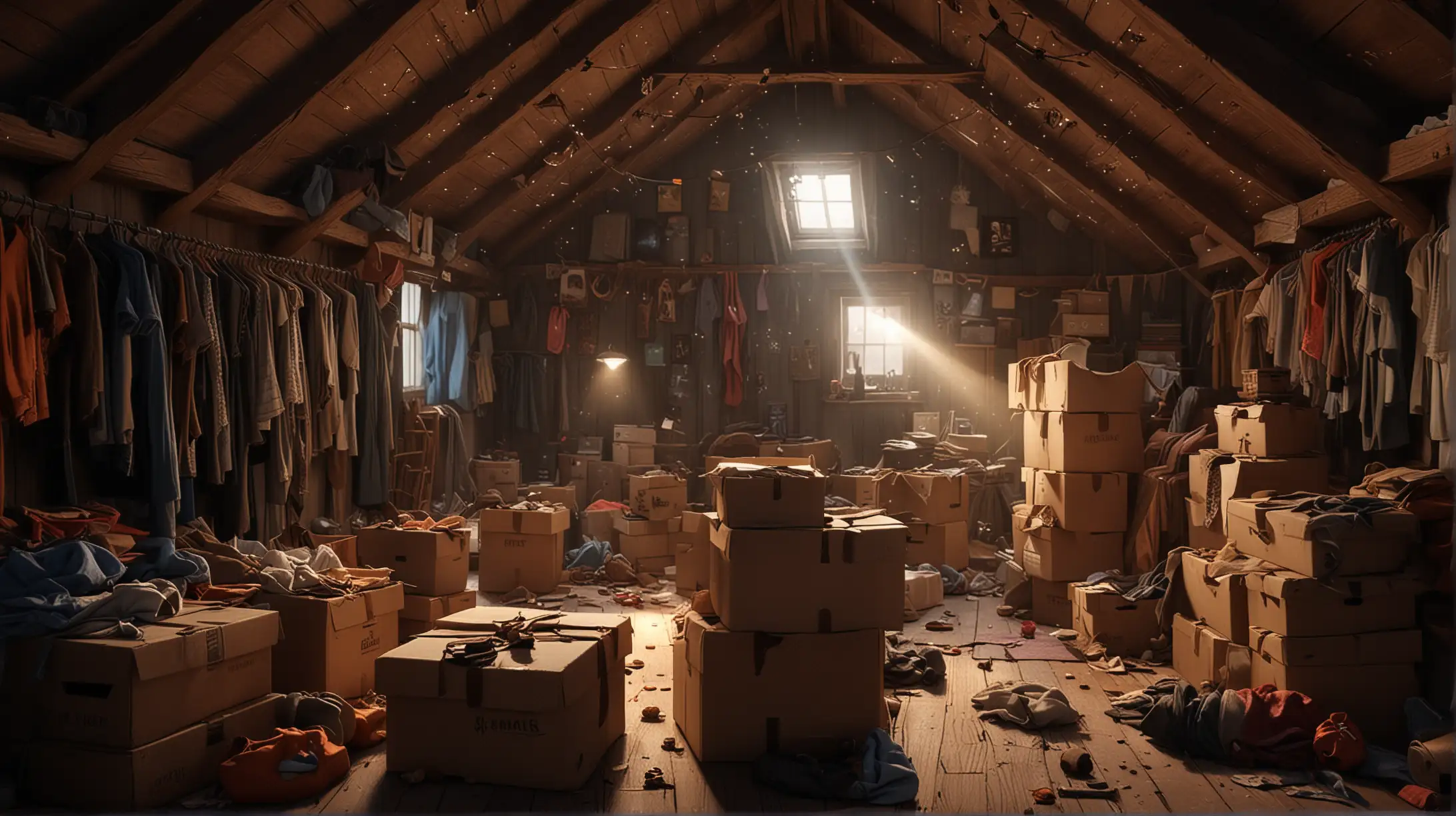 a spooky attic room full of clothes, boxes and paraphernalia  with beams of light coming in from holes in the roof pixar style
