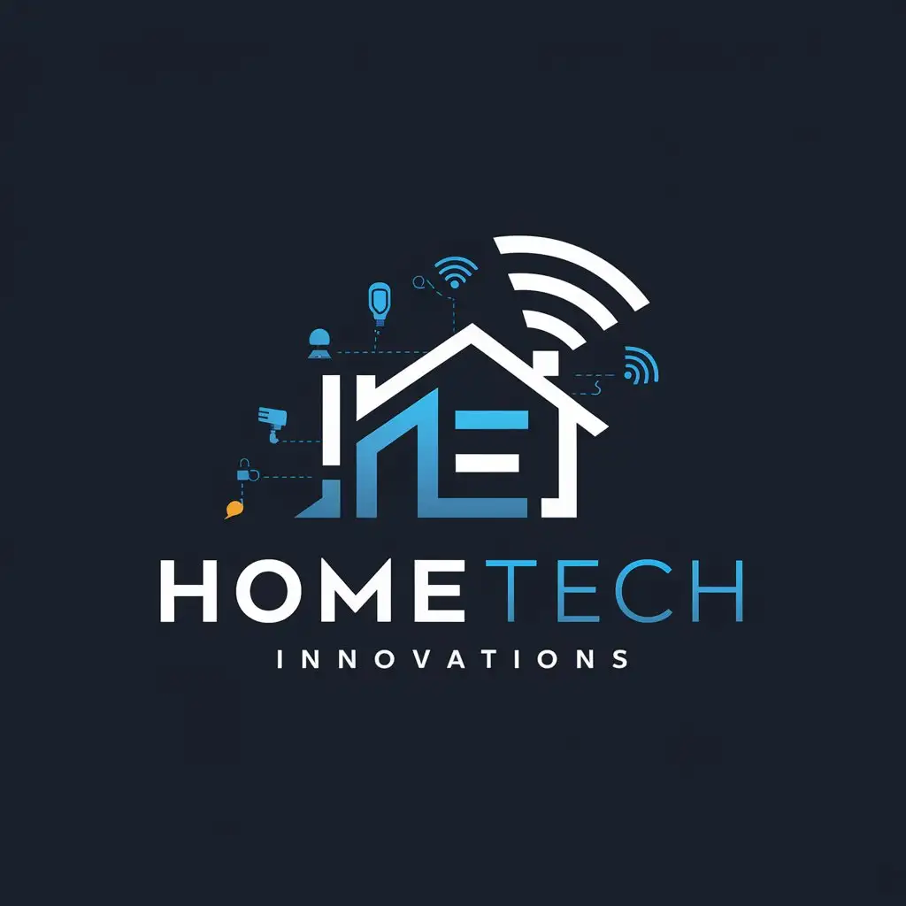 a logo design,with the text 'Business Name: HomeTech Innovations' Industry: Smart Home Technology, main symbol:Elements/Themes: Innovation, connectivity, and modern living. Consider incorporating imagery like a smart home, wifi symbols, or interconnected devices. Style: Sleek and futuristic with clean lines. Colors: Blue, white, and gray. Usage: Primarily for the website, app icon, product packaging, and marketing materials.