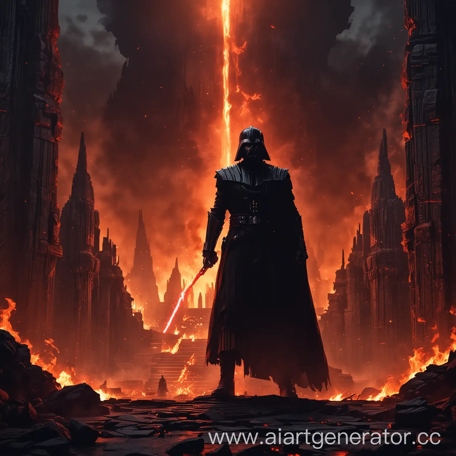 Темный Лорд Ситхов  , на фоне горящего Храма Джедаев в ночи