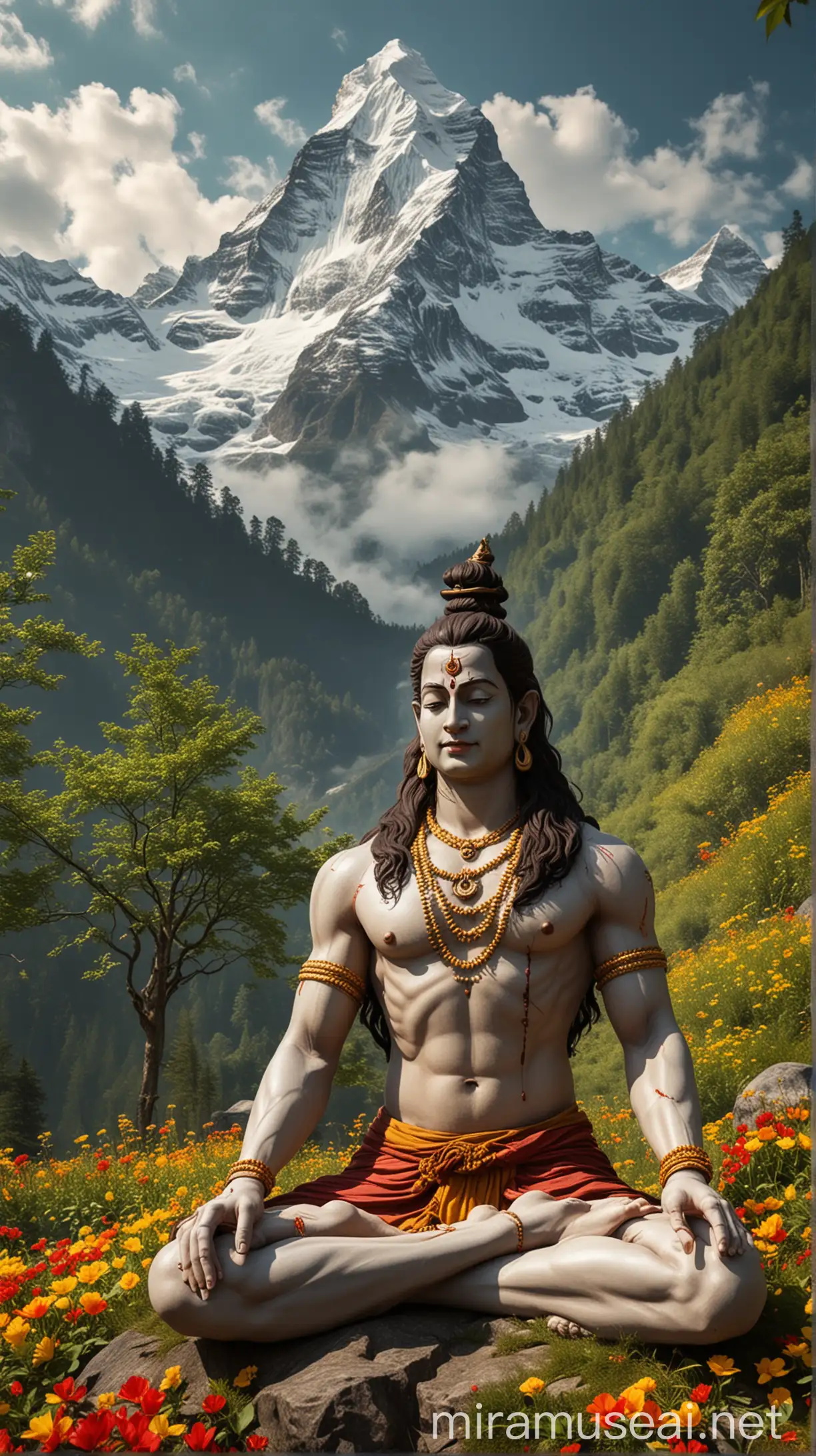 Create a realistic image of lord shiva and sitting on a mountain meditation pose with mountain in green trees , mountain base camp are beautiful red ,yellow ,white colour flowers 