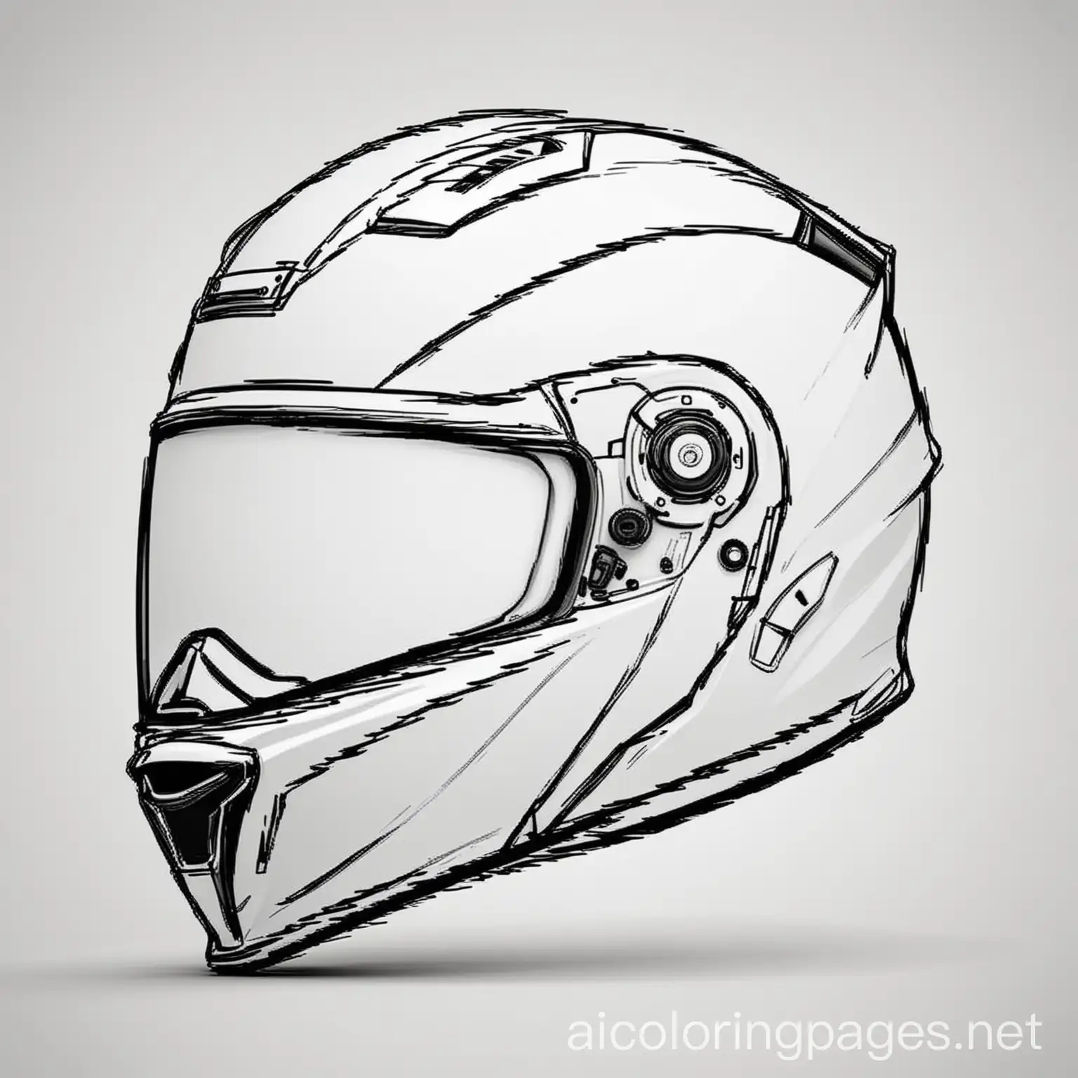 modular motorcycle helmet. coloring page, Coloring Page, black and white, line art, white background, Simplicity, Ample White Space. The background of the coloring page is plain white to make it easy for young children to color within the lines. The outlines of all the subjects are easy to distinguish, making it simple for kids to color without too much difficulty