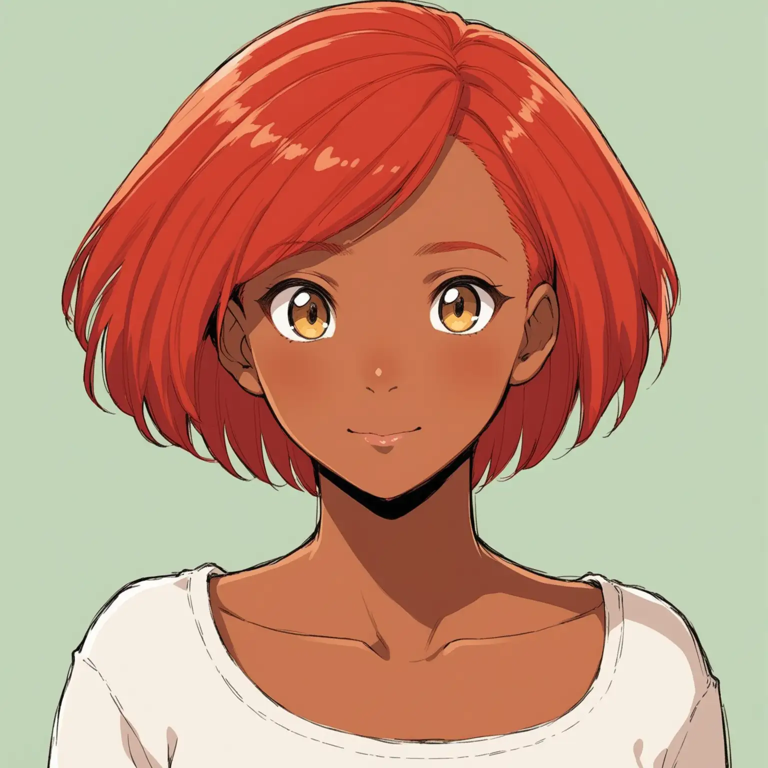 Black-skinned Adult female with Red hair that is Shaved, Ghibli Style, No Background
