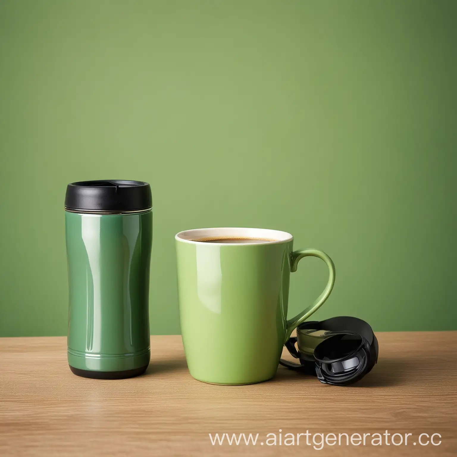 Coffee-Cup-and-Thermos-on-Table-with-Green-Background