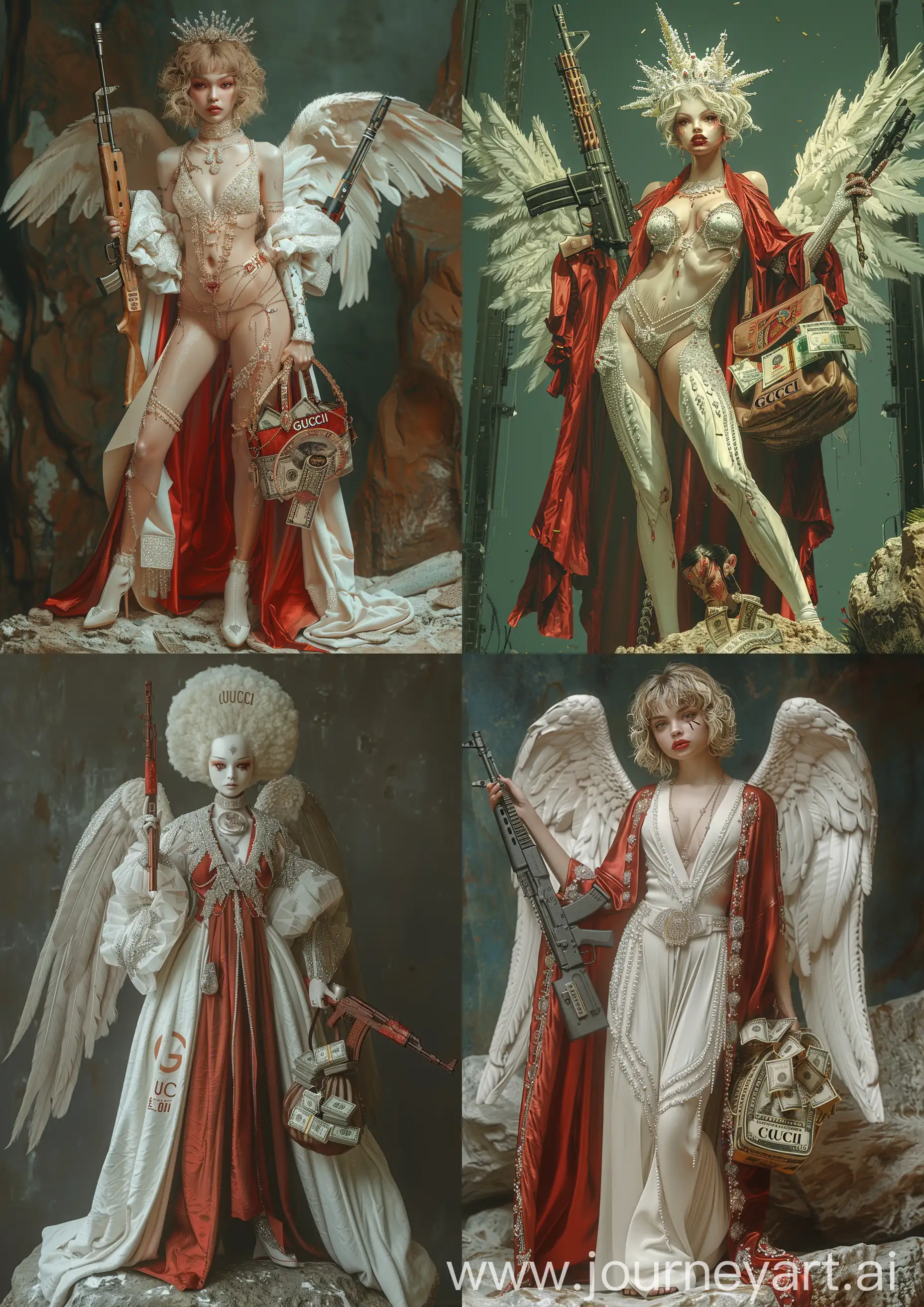 an Art Nouveau illustration bootleg style of 4 dramatic futuristic female angel influenced by Edward Burne-Jones, with a dramatic face, dressed in luxurious white diamond-studded clothes and red silk robes, holding a realistic kalashnikov and a GUCCI bag full of money, standing on a rock, high tones, rich details, full body, otherworldly atmosphere --c 22 --s 750 --v 6.0 --ar 5:7