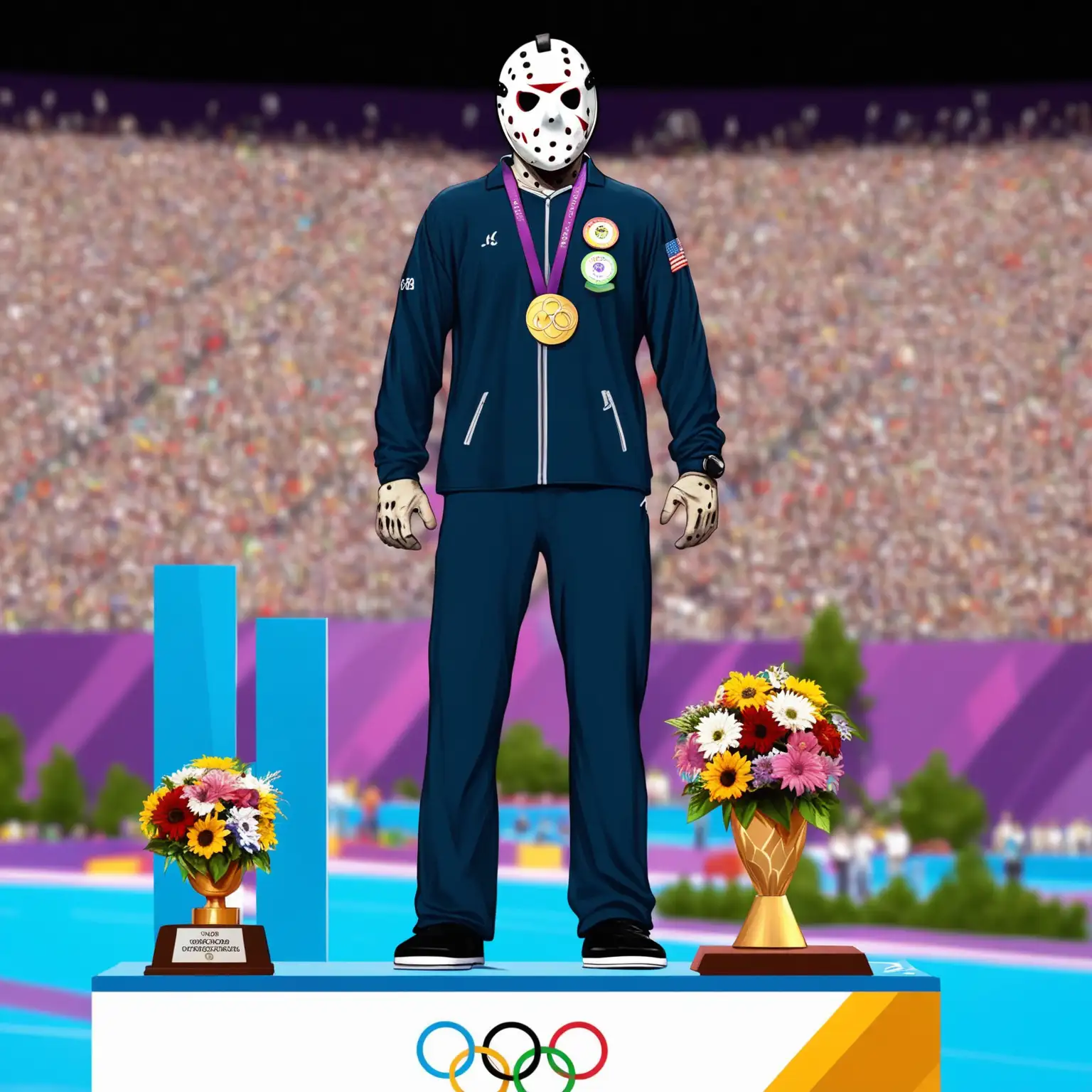 jason vorhees standing on the winners podium at the summer olympics
