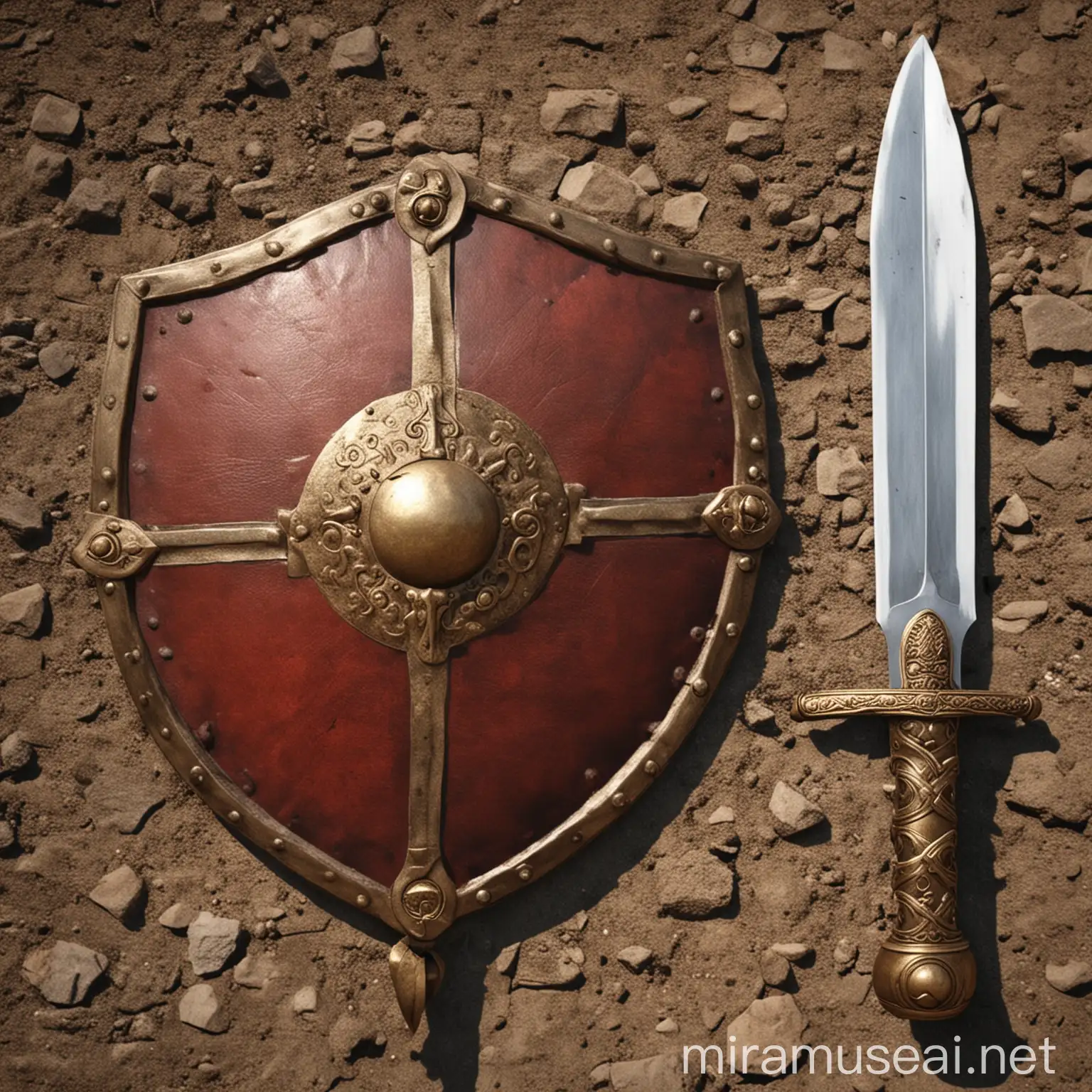 create a roman gladiator shield with a sword next to it
