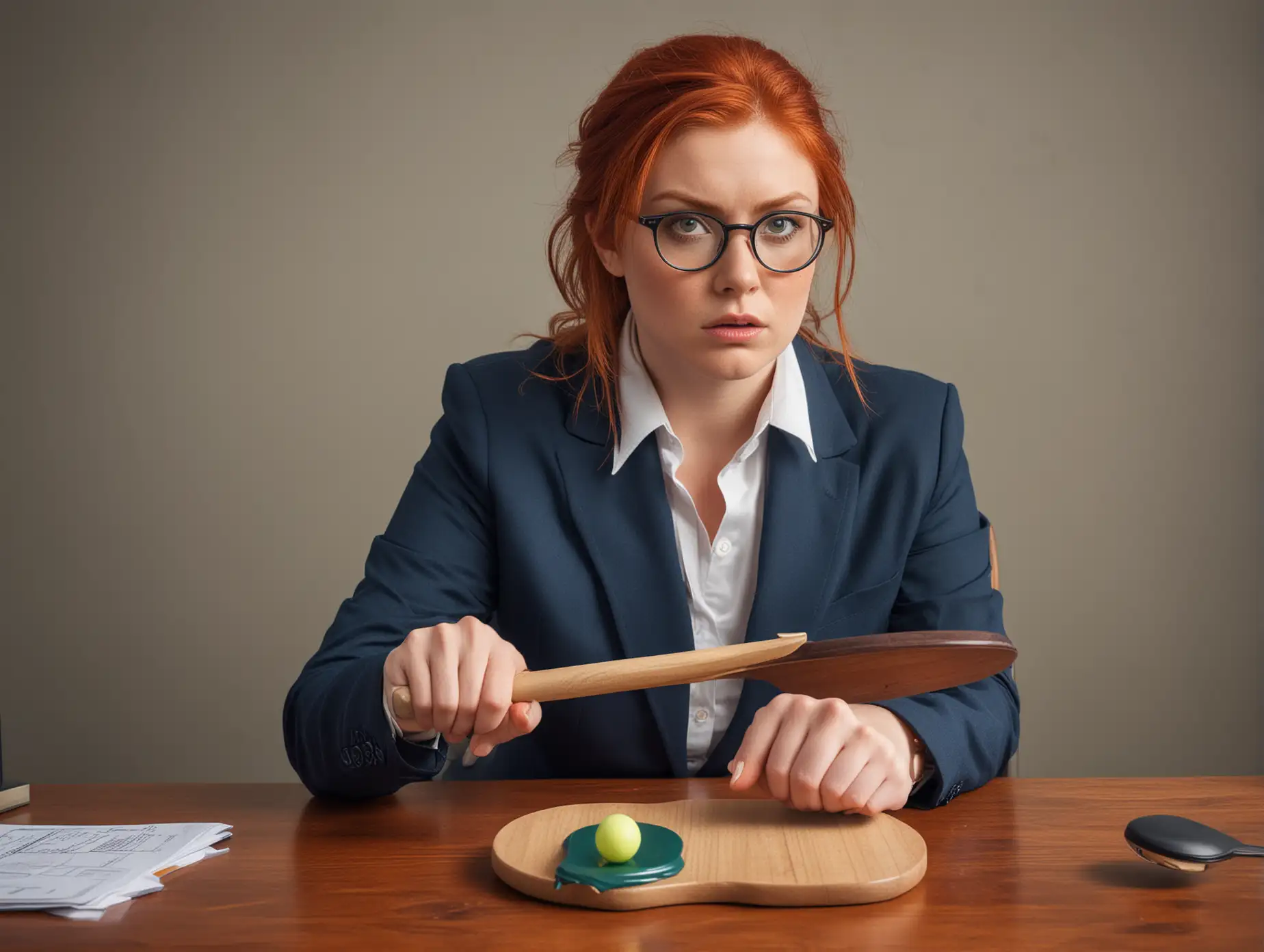 A Business woman is sitting on the desk in her office. She is staring at me with an extremely stern look on her face. She is about 25 with red hair, green eyes, and glasses. She is holding a very large wooden paddle shaped like a ping pong paddle. She is wearing a dark blue suit.