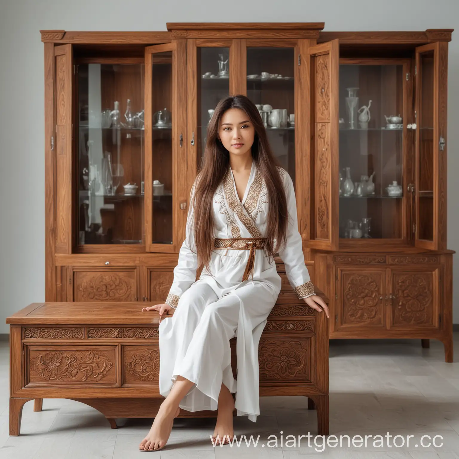 очень красивая азиатка из средней азии казашка брюнетка с длинными волосами в современном мебельном салоне в стиле минимализм корпусной мебели в национальном костюме 