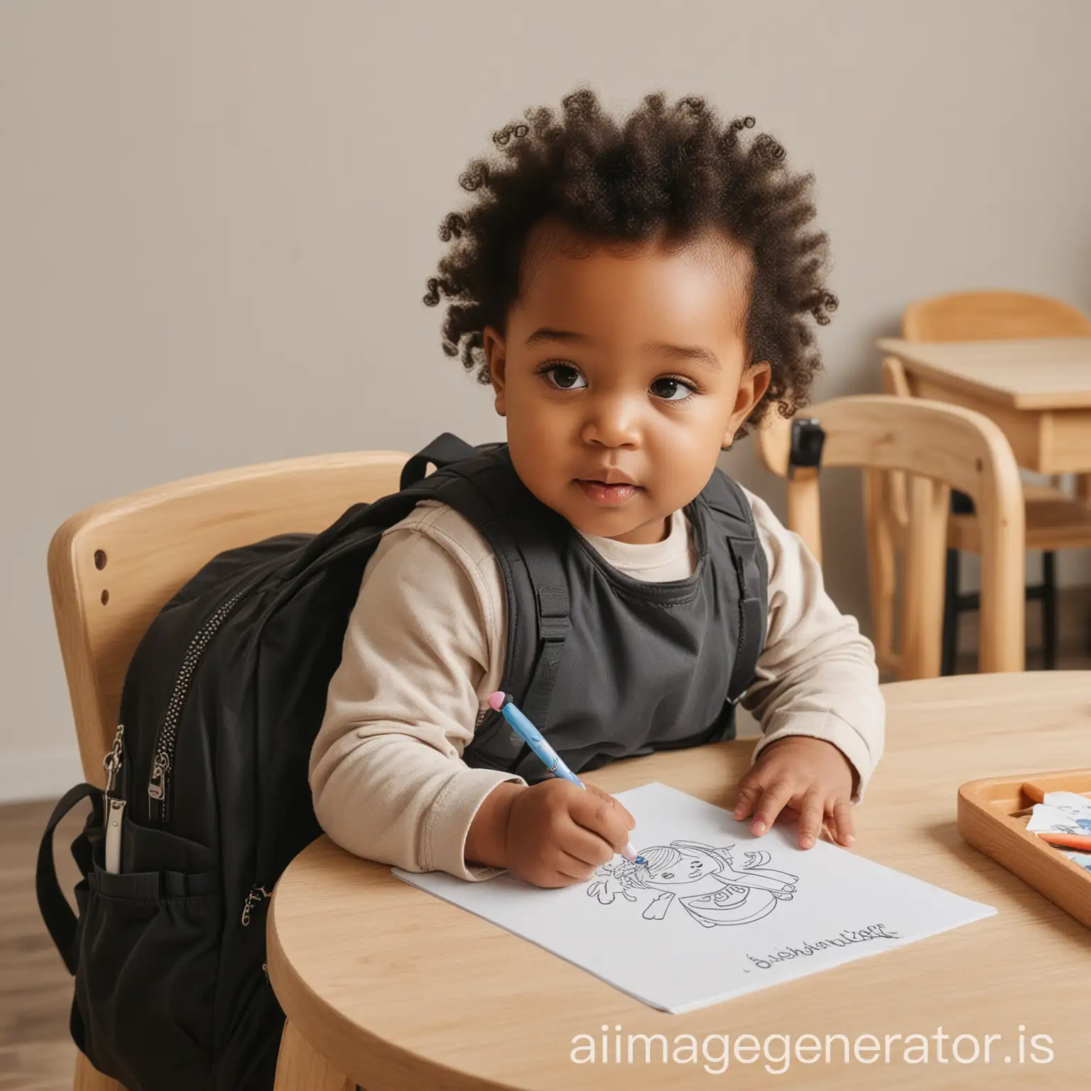 black cutee chubby toddler at daycare drawing at a round small table with backpack