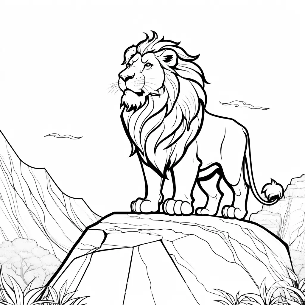a cartoon king lion standing on a rock  roaring , Coloring Page, black and white, line art, white background, Simplicity, Ample White Space. The background of the coloring page is plain white to make it easy for young children to color within the lines. The outlines of all the subjects are easy to distinguish, making it simple for kids to color without too much difficulty