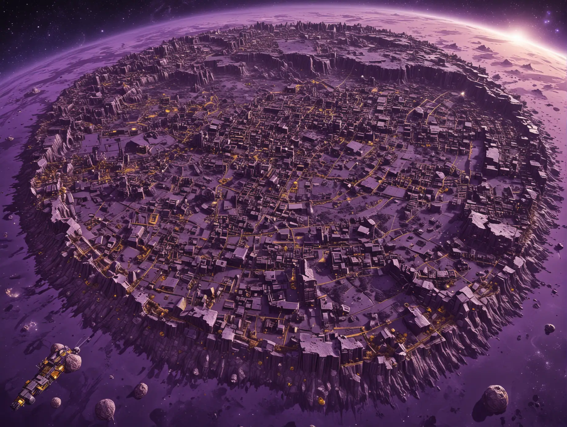 A Very huge unexplored abandoned Black-purple Planet's huge map. The map's from the top. The map is abandoned and extinct, The map's majority is PLAIN but a little abandoned little buildings, ore and gold sites can be found on the map and one little tech base on the middle of the map