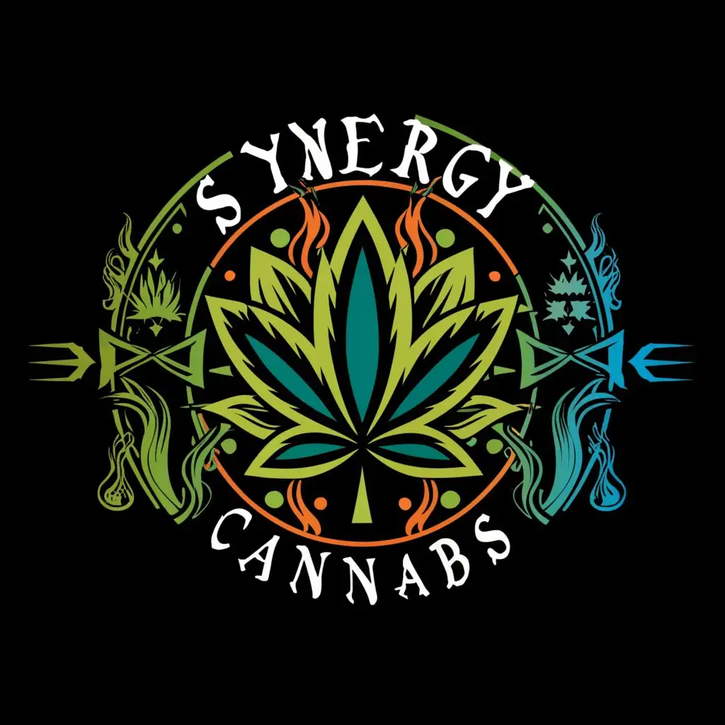 a logo design,with the text "Synergy Cannabis", main symbol:Cannabis leaf  fire,earth,water,air. Black background  ,complex,clear background