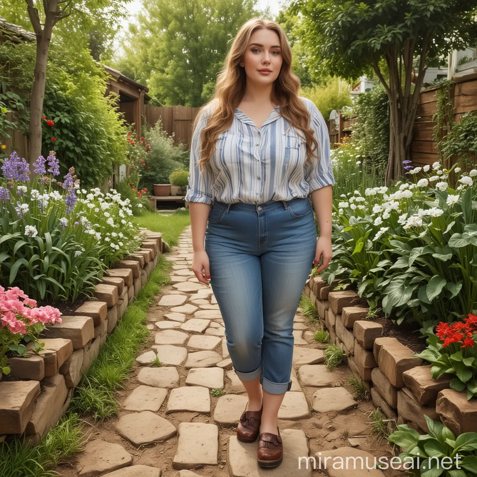 Elegant Plus Size Woman in Garden Attire with Potted Plant