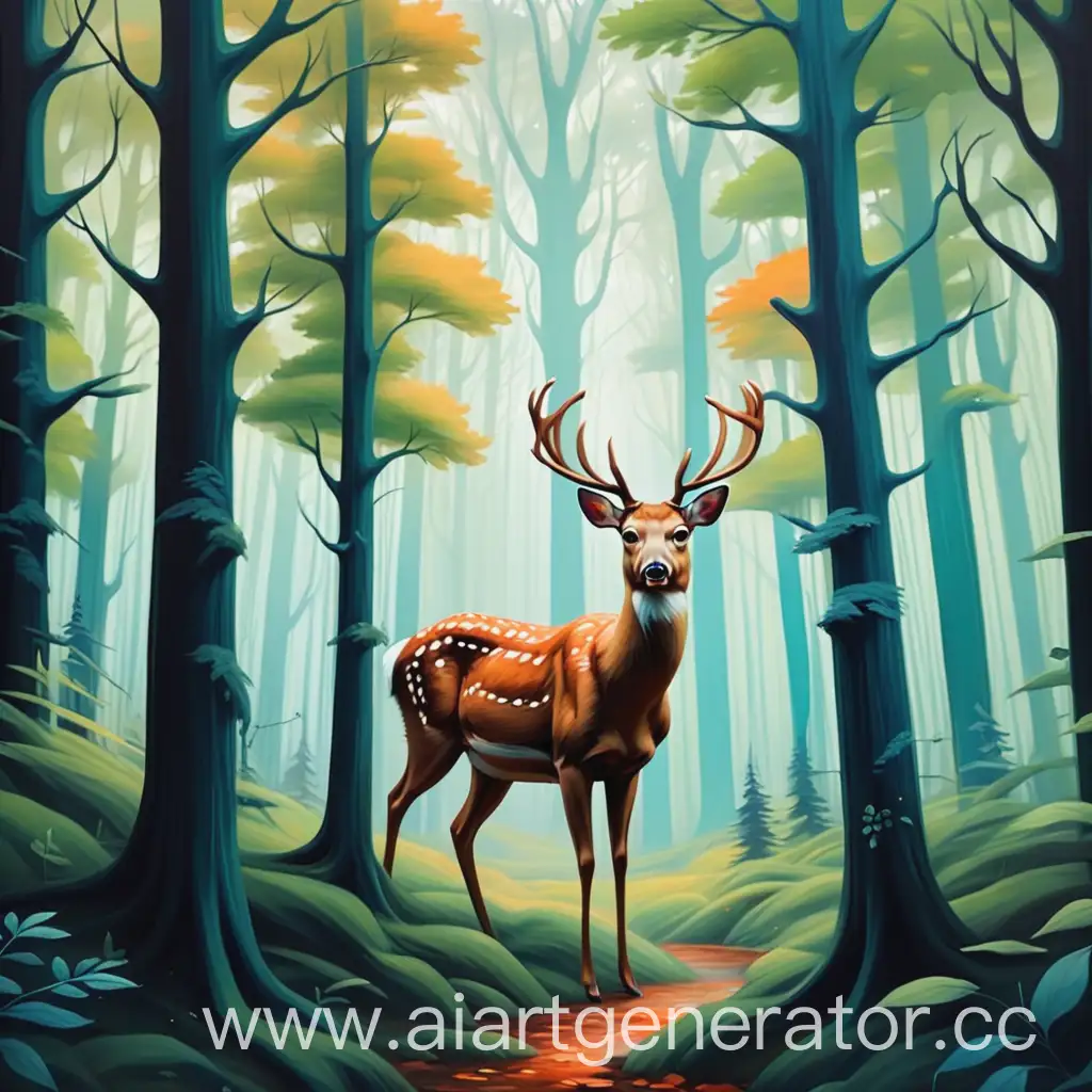 a painted forest with a deer in the frame