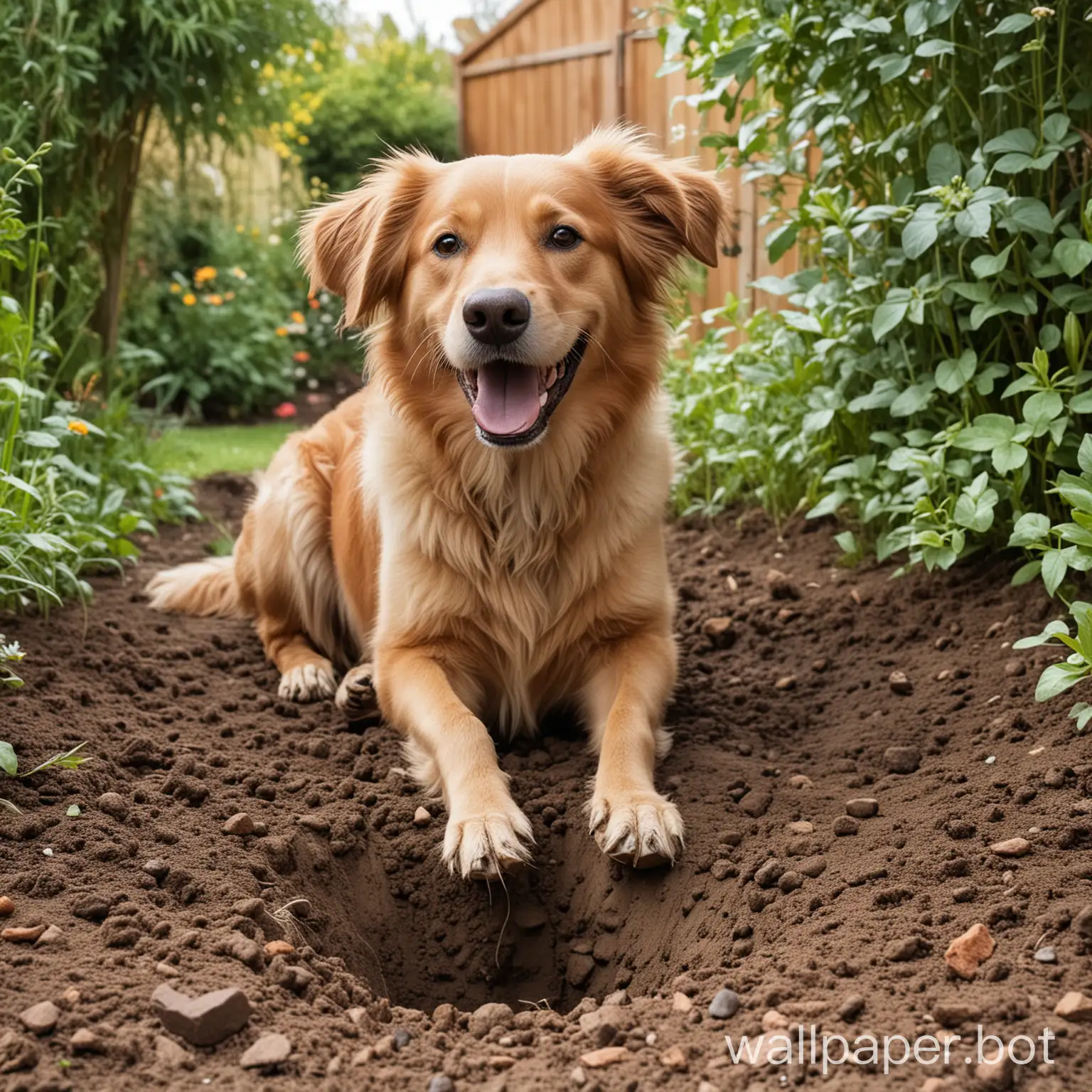 A happy dog in the garden digging a hole for fiber optics, he also has a van
