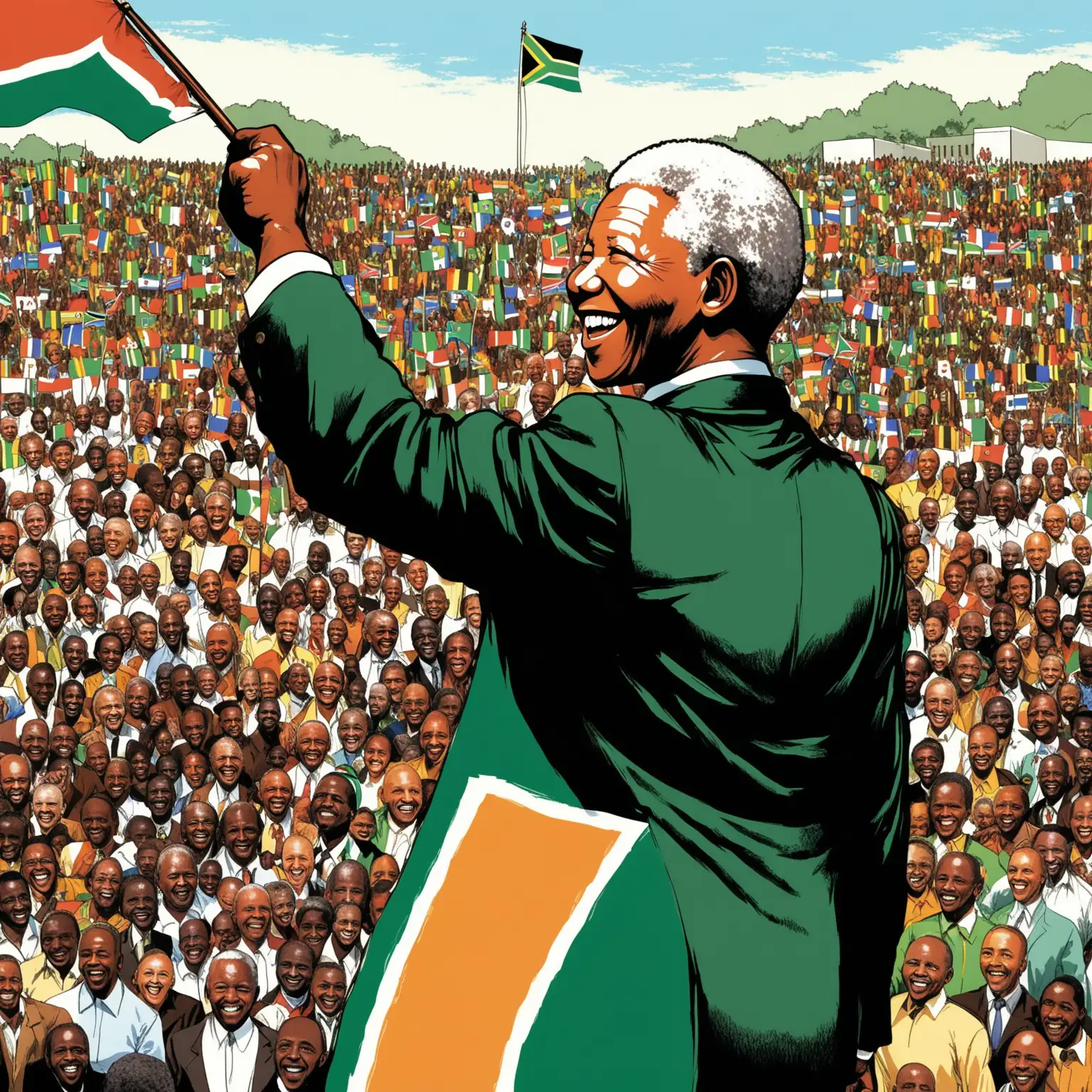 Illustrate Nelson Mandela as the first black president of South Africa, smiling, holding south african flag, addressing a crowd with people of all races together in harmony.