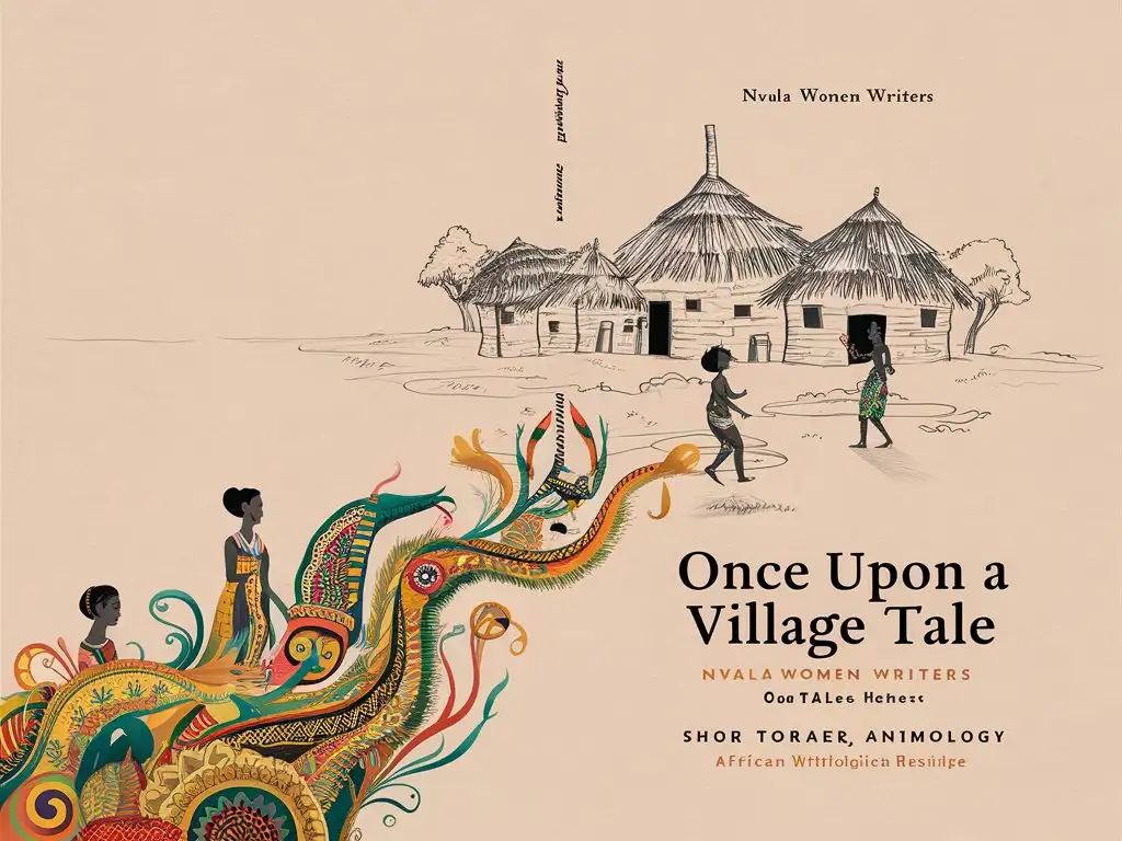 minimalistic design, full book cover, African mythology and folklore, showcasing pencil drawing of african village with huts infused with mythology at the bottom of the cover, traditional patterns, and african women symbolic elements Flowing out of the bottom rising to the top in full colour. Title 'Once Upon A Village Tale' Author "Nwala Women Writers" subtitle "Our Tales, Reimagined" notes on cover 'Short Story Anthology'