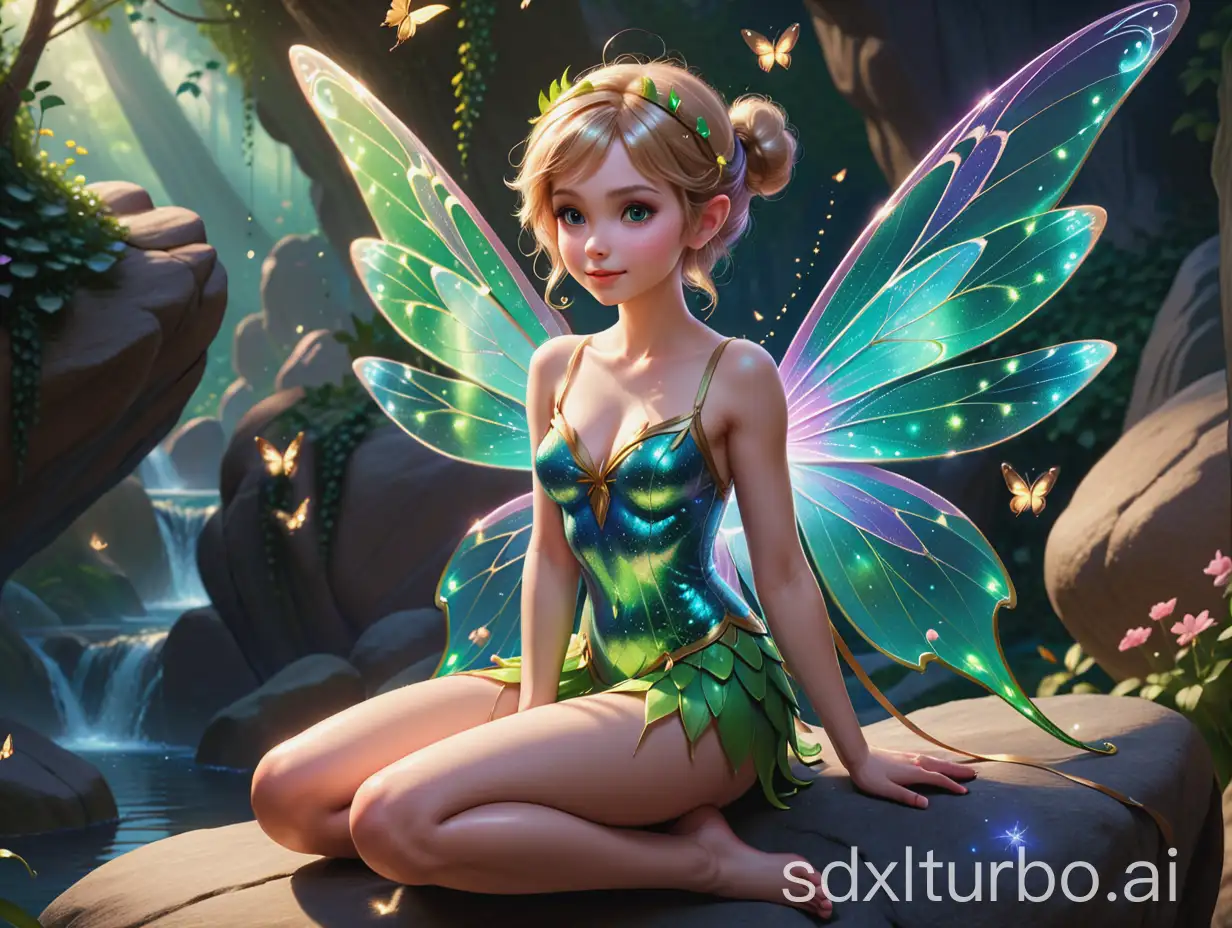 a beautiful fairy sitting on top of a rock, trending on cg society, highly intricate wings!, pixie, intricate body, tinkerbell, the non-binary deity of spring, she has a glow coming from her, beautiful painting of a tall, amazing wallpaper, glistening body, art in the style of disney, super detailed and realistic