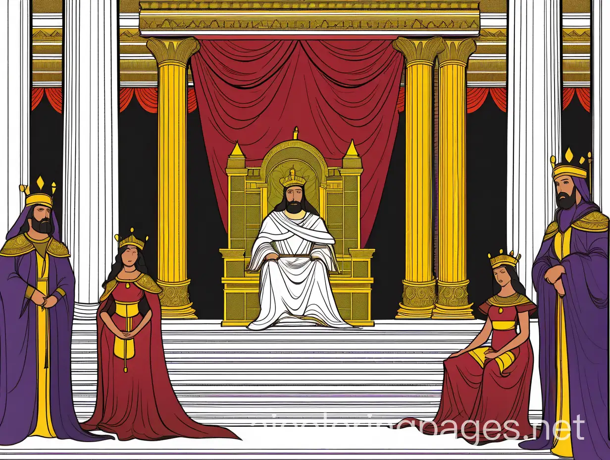 Create an illustration of King Solomon's wise judgment scene. King Solomon is sitting on a majestic throne decorated with golden motifs, located in a palace hall with marble columns and red velvet curtains. Solomon, wearing a purple and gold royal robe and a crown, has a serene and wise expression. Two women stand in front of him, one on the left and one on the right, both with worried expressions. The woman on the left wears a blue tunic and the woman on the right wears a green tunic. One woman holds a calm baby wrapped in a white blanket. Two guards stand beside Solomon's throne, dressed in armor and holding spears. Additionally, one or two assistants are near the throne, holding scrolls or standing with crossed hands. The background features the palace's decorative columns and curtains, creating an atmosphere of royalty and justice. The focal point is Solomon on his throne, with the women positioned symmetrically on either side. Use rich colors like gold and red for the royal elements and softer colors for the women's and baby's clothing. The style should be realistic and detailed, emphasizing the solemnity and wisdom of the scene., Coloring Page, black and white, line art, white background, Simplicity, Ample White Space. The background of the coloring page is plain white to make it easy for young children to color within the lines. The outlines of all the subjects are easy to distinguish, making it simple for kids to color without too much difficulty