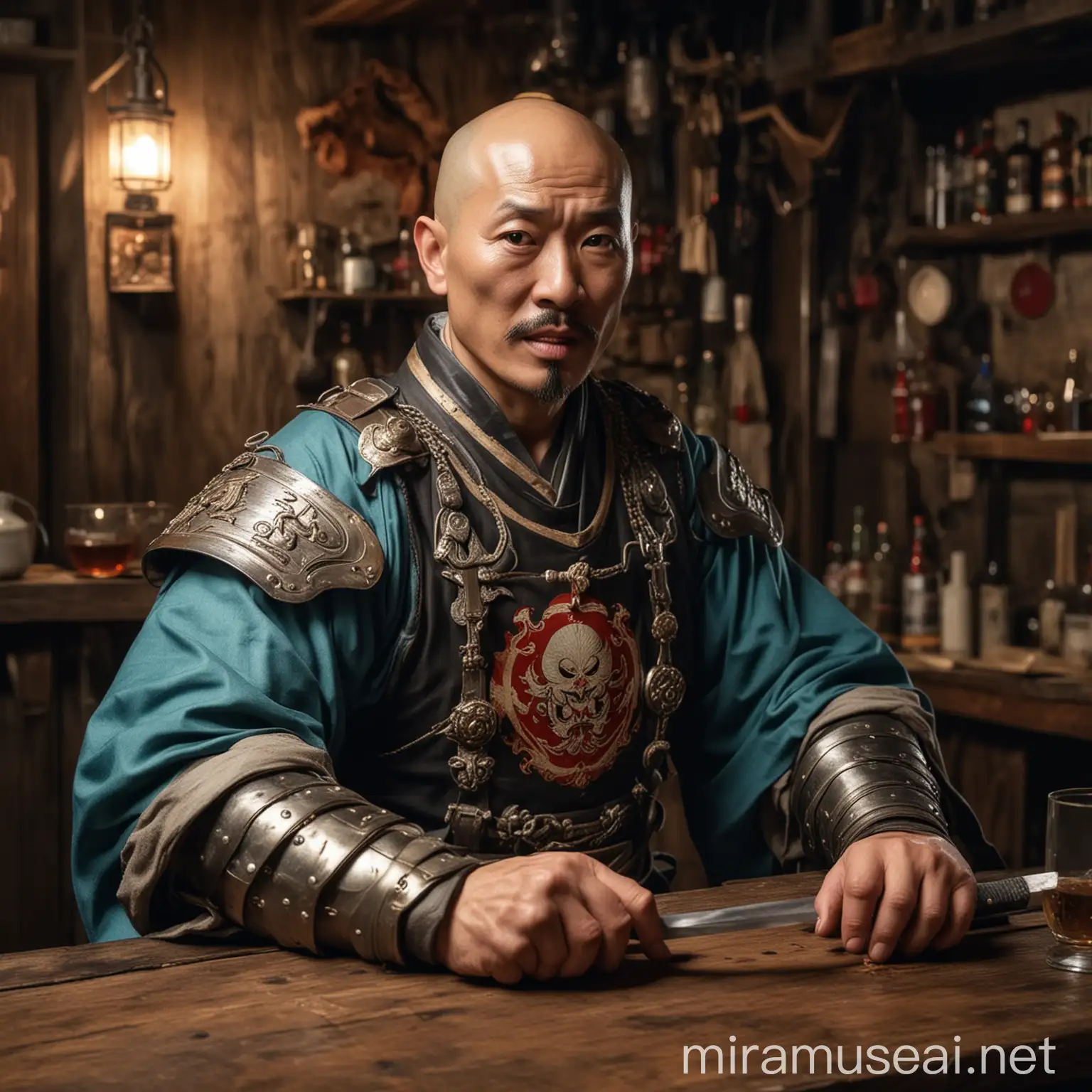 Fool mid age semi-bald Chinese paladin with sword and shield looking ridicoulus in a tavern drinking moonshine