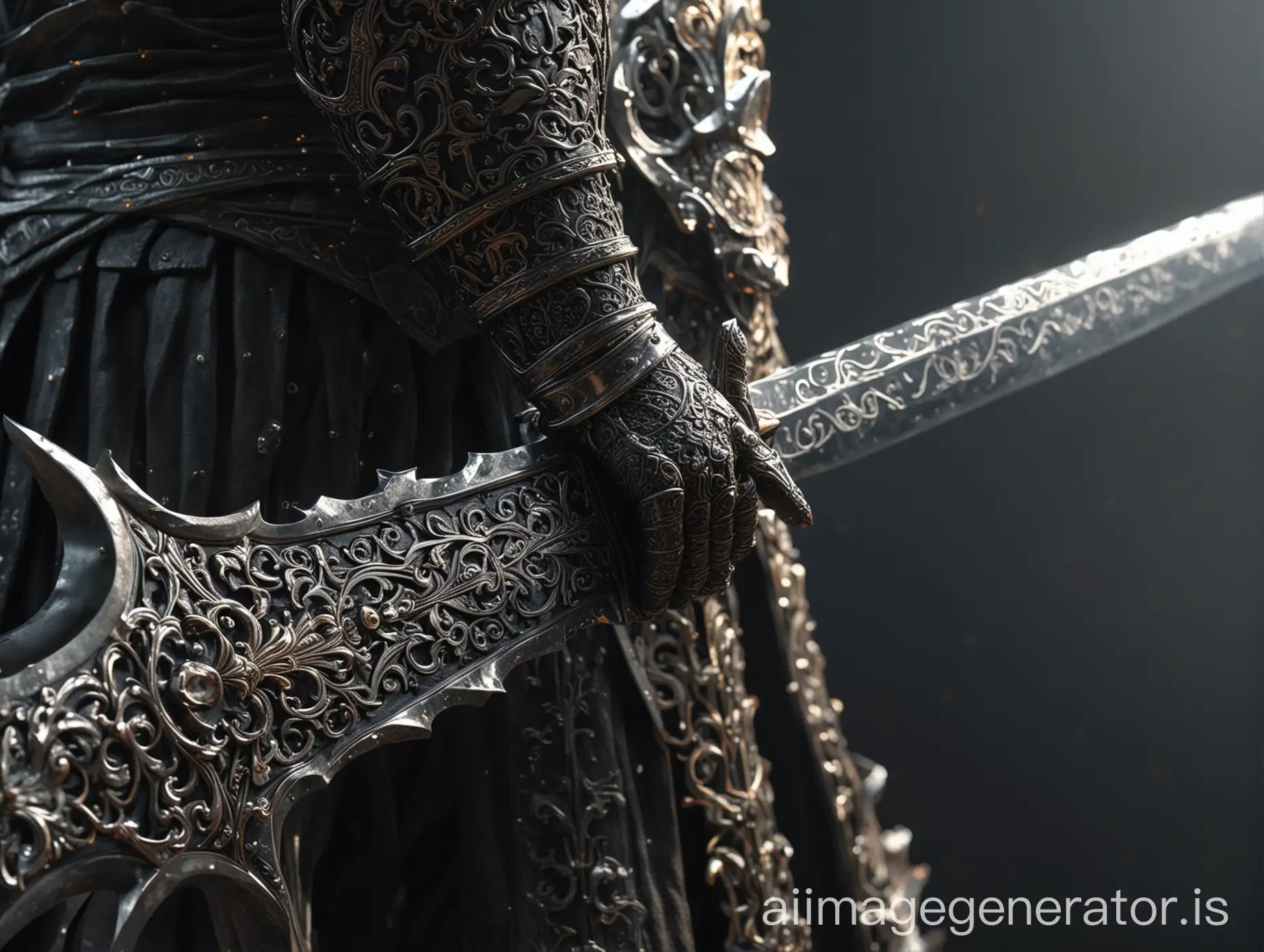 close-up view of a knight wielding a long black sword, intricate design and the reflections along its blade, blade's edge and surface, texture of the metal, the subtle curves of the blade, hyper realistic, octane render, 4k post processing, Unreal engine 5, RTX shader, hyper detail texture with reflection, HDRI, ultra realistic, 32K UHD, many detail --ar 9:16 --s 750 --v 6.0