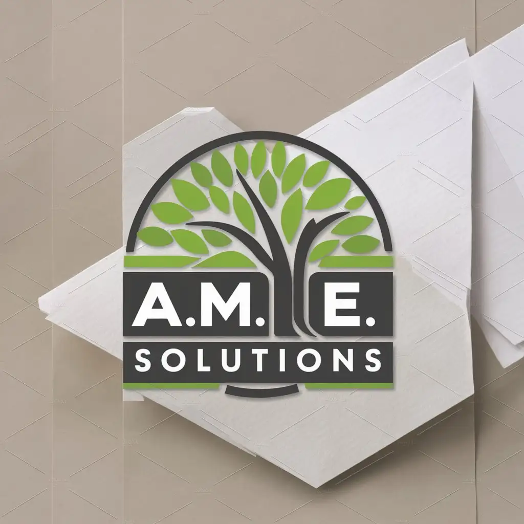 a logo design,with the text "A.M.E Solutions", main symbol:this logo should include landscaping or a nature theme. colors green, black, and white. must be a logo on a white stationery design mockup,Moderate,clear background