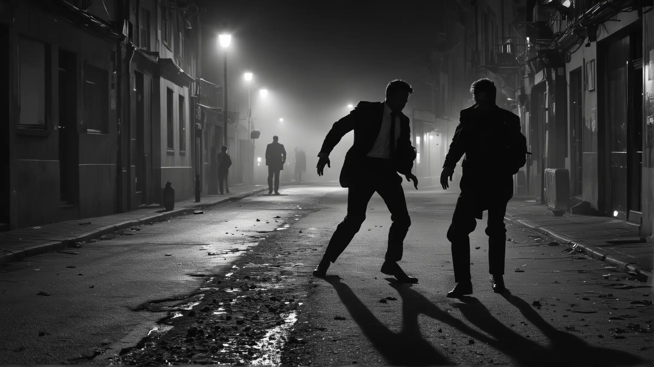 Intense Street Fight Dark Suit Man Defends Against Attack in Dimly Lit Alley