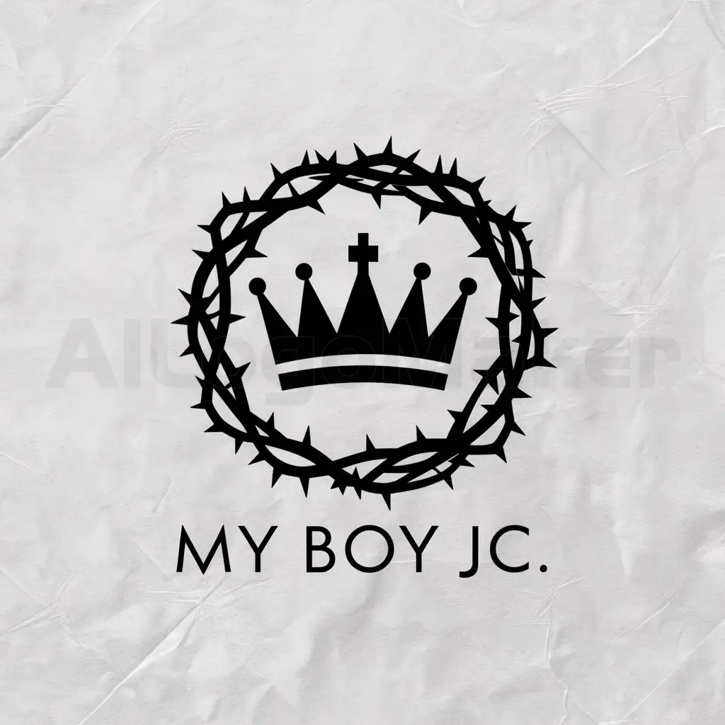 a logo design,with the text "My Boy JC", main symbol:throns around camp crown, three spike on crown, cross in the middle,Moderate,be used in Religious industry,clear background