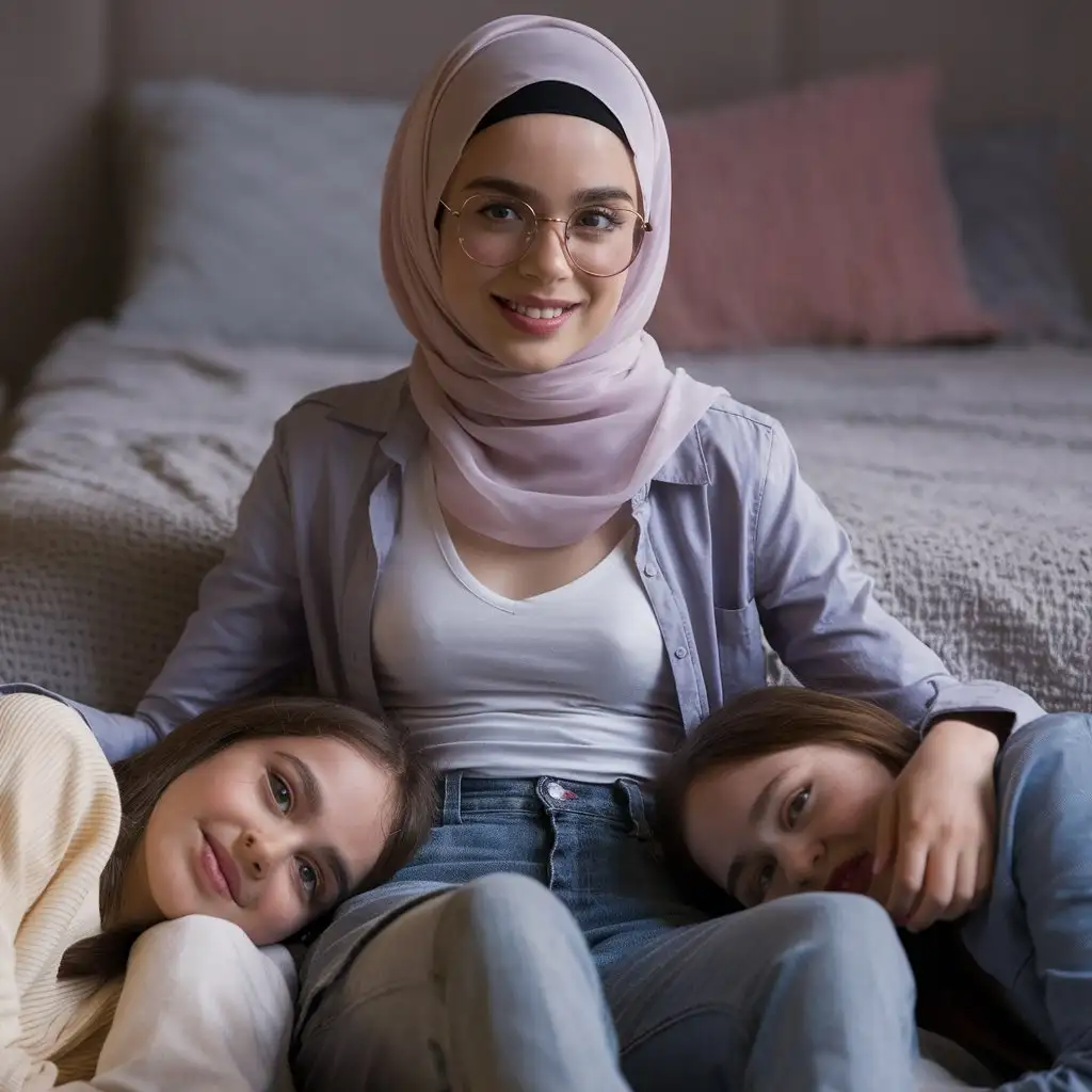 A most beautiful teenage girl.  17 years old. She wears a hijab, skinny shirt,
She is beautiful. She sits on the bed.
petite, plump lips.  Elegant, pretty, glasses. 2 other girls put heads on the girl's lap.