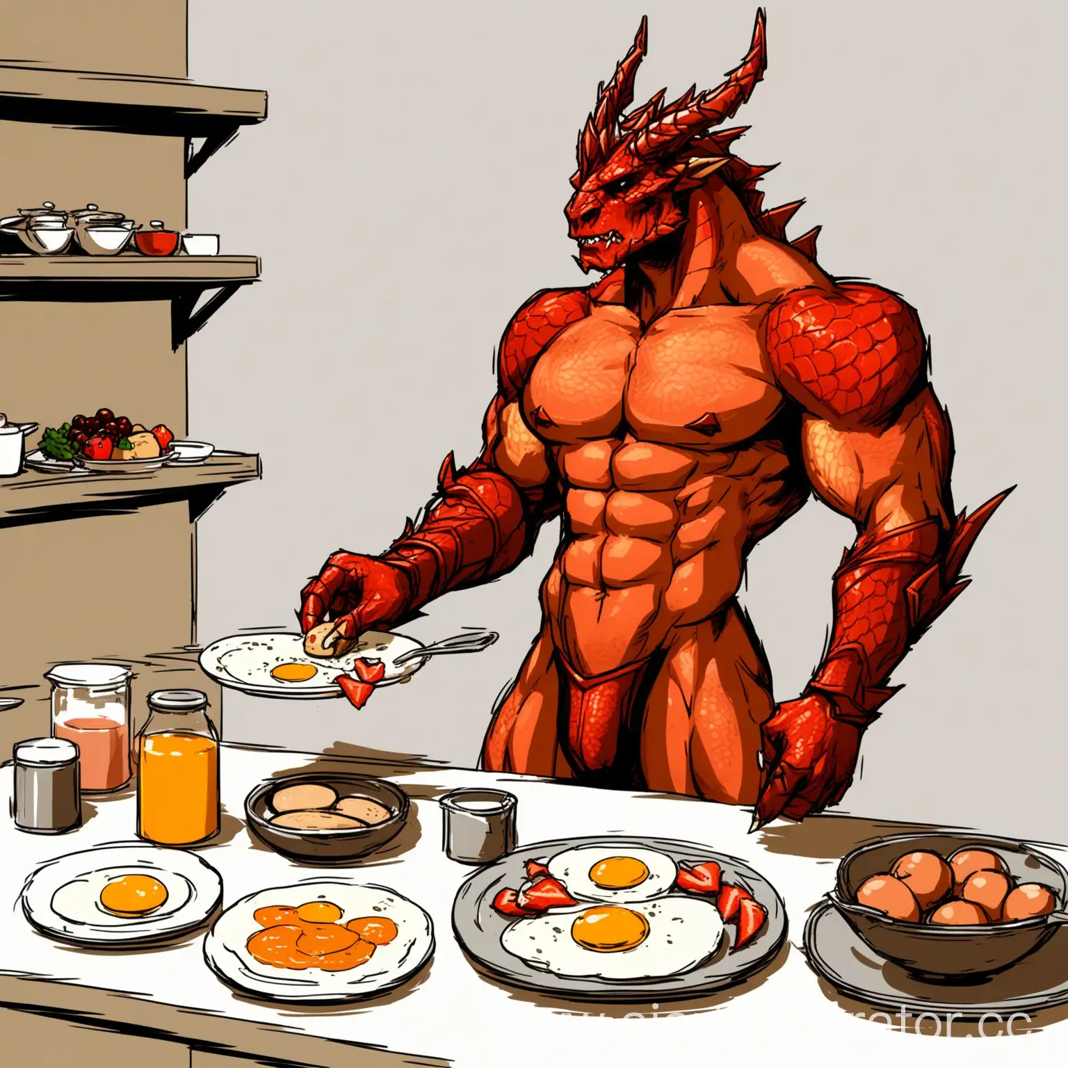 Красный драконорождённый мускулистого телосложения готовит завтрак, топлес, без крыльев, упрощённая рисовка