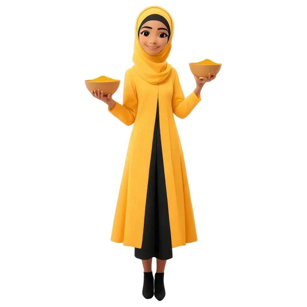 Cute cartoon Muslim girl in Hijab wearing yellow abaya and haldi bowls with henna in hands