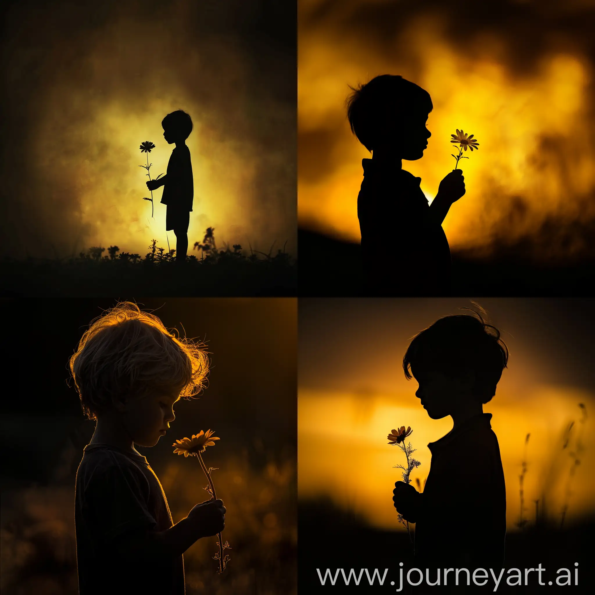 boy standing and holding a flower , background yellow sunset , dark black sbject , potrait 