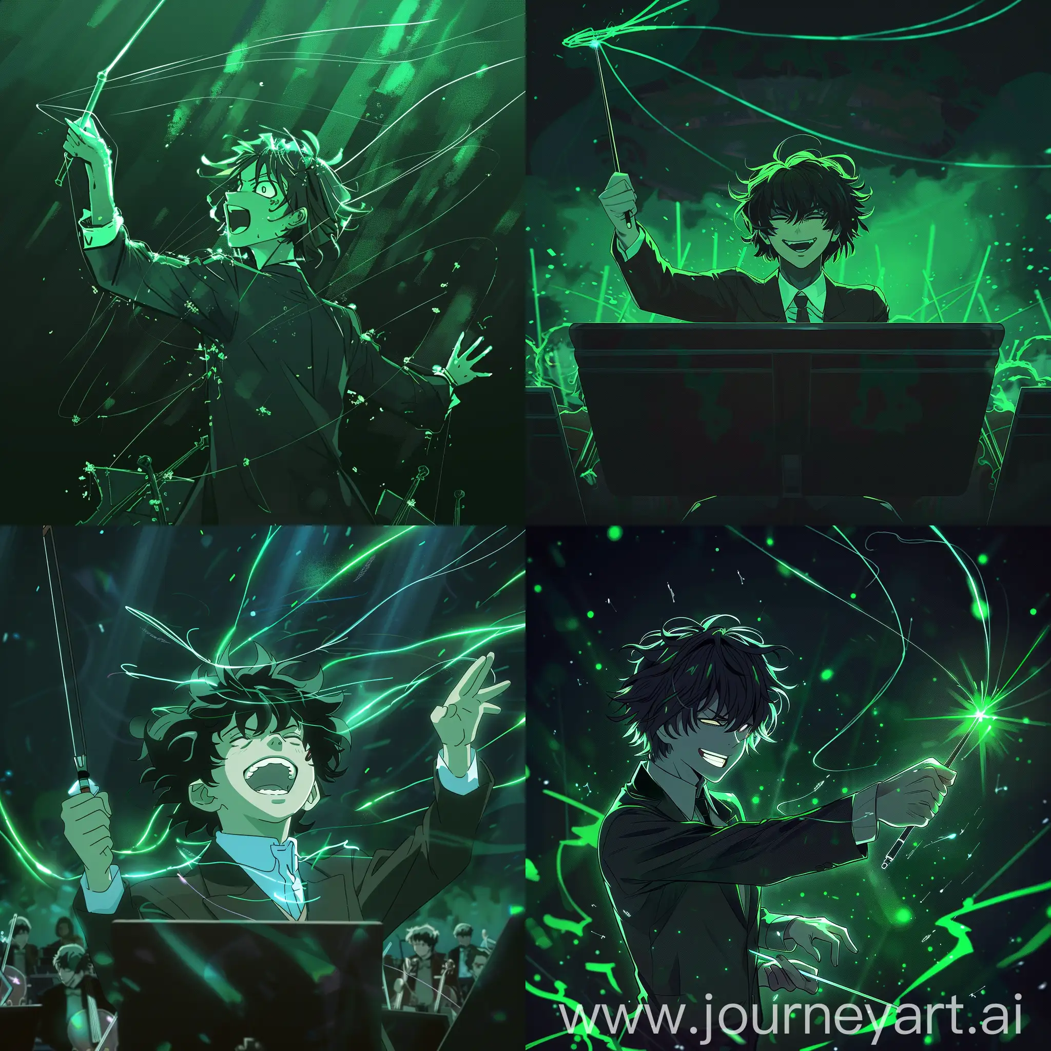 The conductor is a young guy who does not control the orchestra, but the feelings of people. The orchestra is conducted by a conductor. The orchestra sits drooping. Transparent threads should come from the wand. The emotion of the conductor: obsession and madness with an evil grin. Anime style with elements of realism.  Green lighting should fall on the conductor. The conductor is worth 3/4. The conductor is a psychopath who likes to manipulate