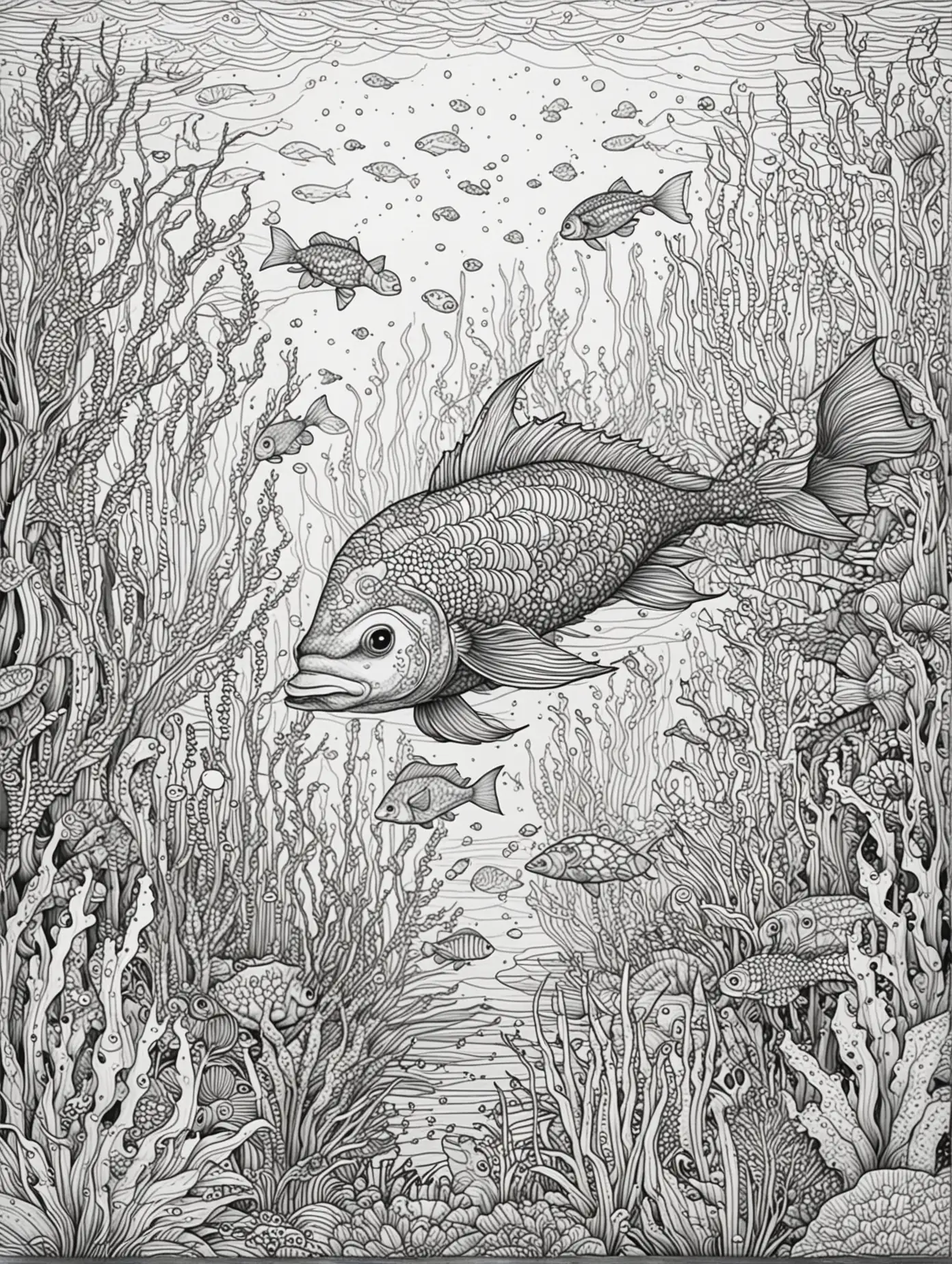 Please create an adult coloring page, black fine lines, themed: Underwater World