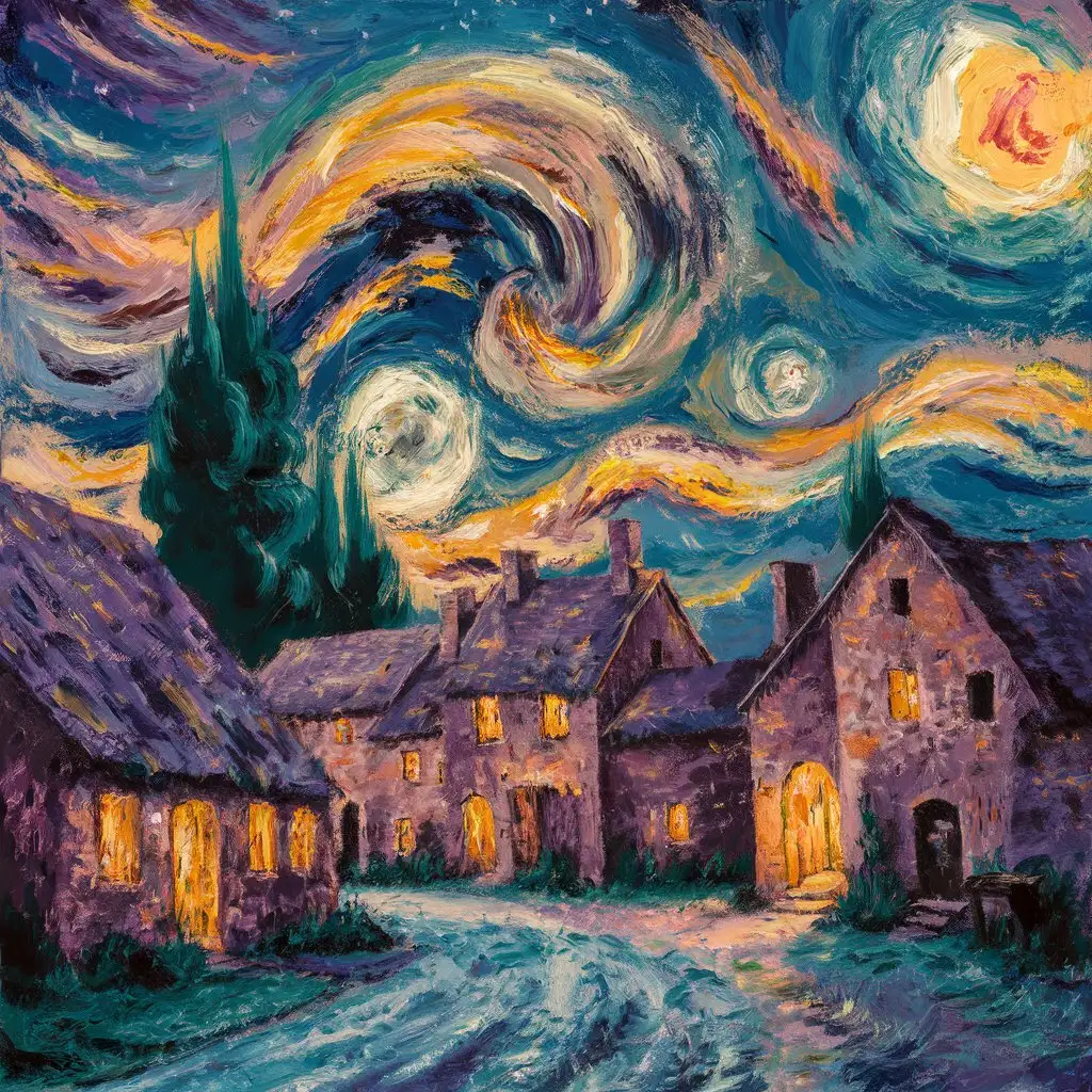 A swirling starry sky above a sleepy village, rendered in vibrant post-impressionistic brushstrokes.