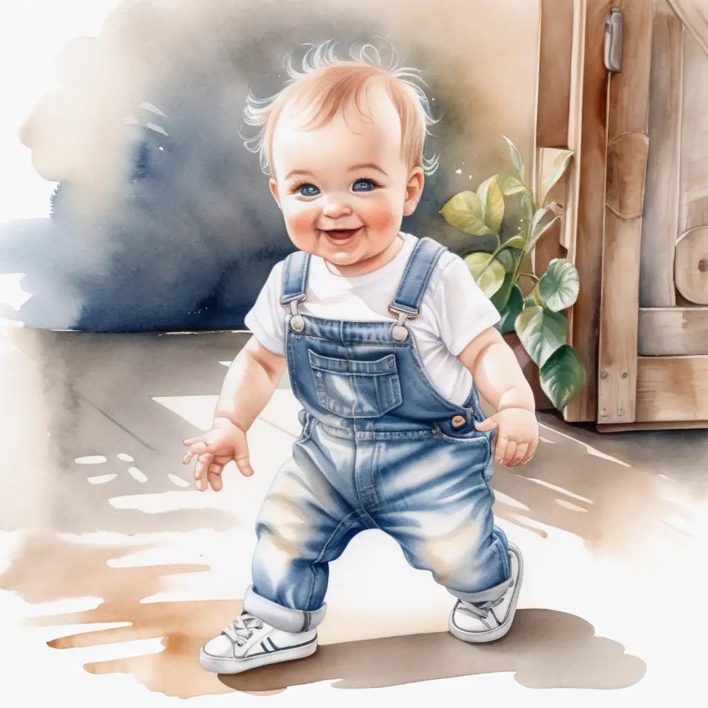 En glad bebis som lär sig gå, snickarjeans, vit t-tröja, sneakers, med vattenfärg 