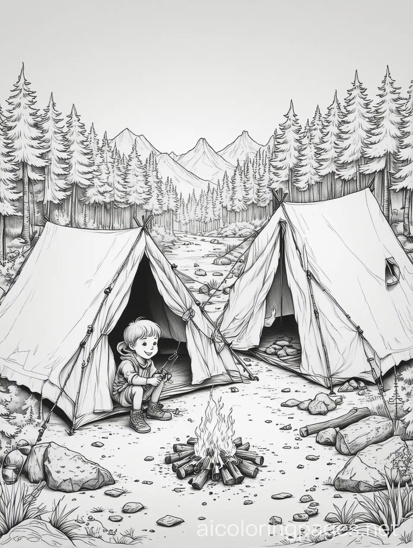 kids camping with fire and tents, Coloring Page, black and white, line art, white background, Simplicity, Ample White Space