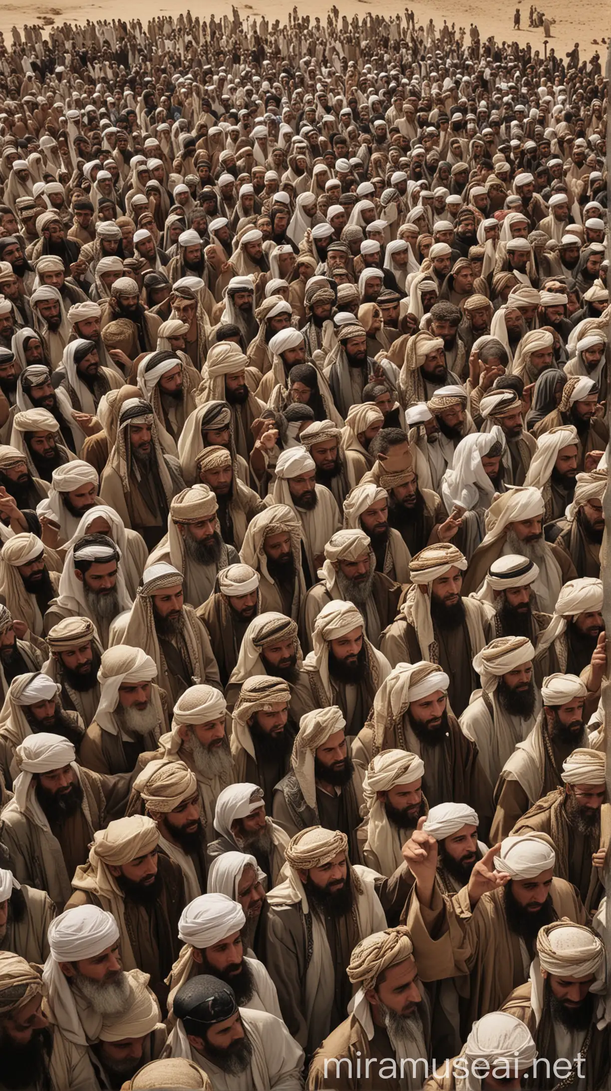 A gathering of Arab tribesmen, their faces stern with determination, as they pledge allegiance to Abu Bakr, the first Caliph after the passing of Prophet Muhammad (peace be upon him). The scene captures the pivotal moment when unity was forged amidst potential discord.

 islamic