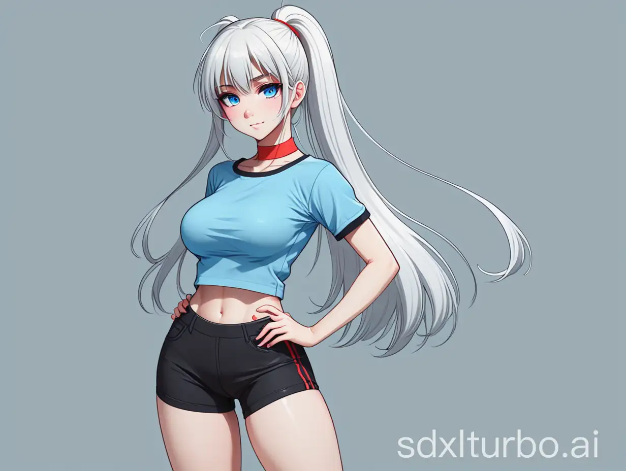 Happy-Anime-Girl-with-Long-White-Hair-in-Sexy-Blue-Top-and-Black-Shorts