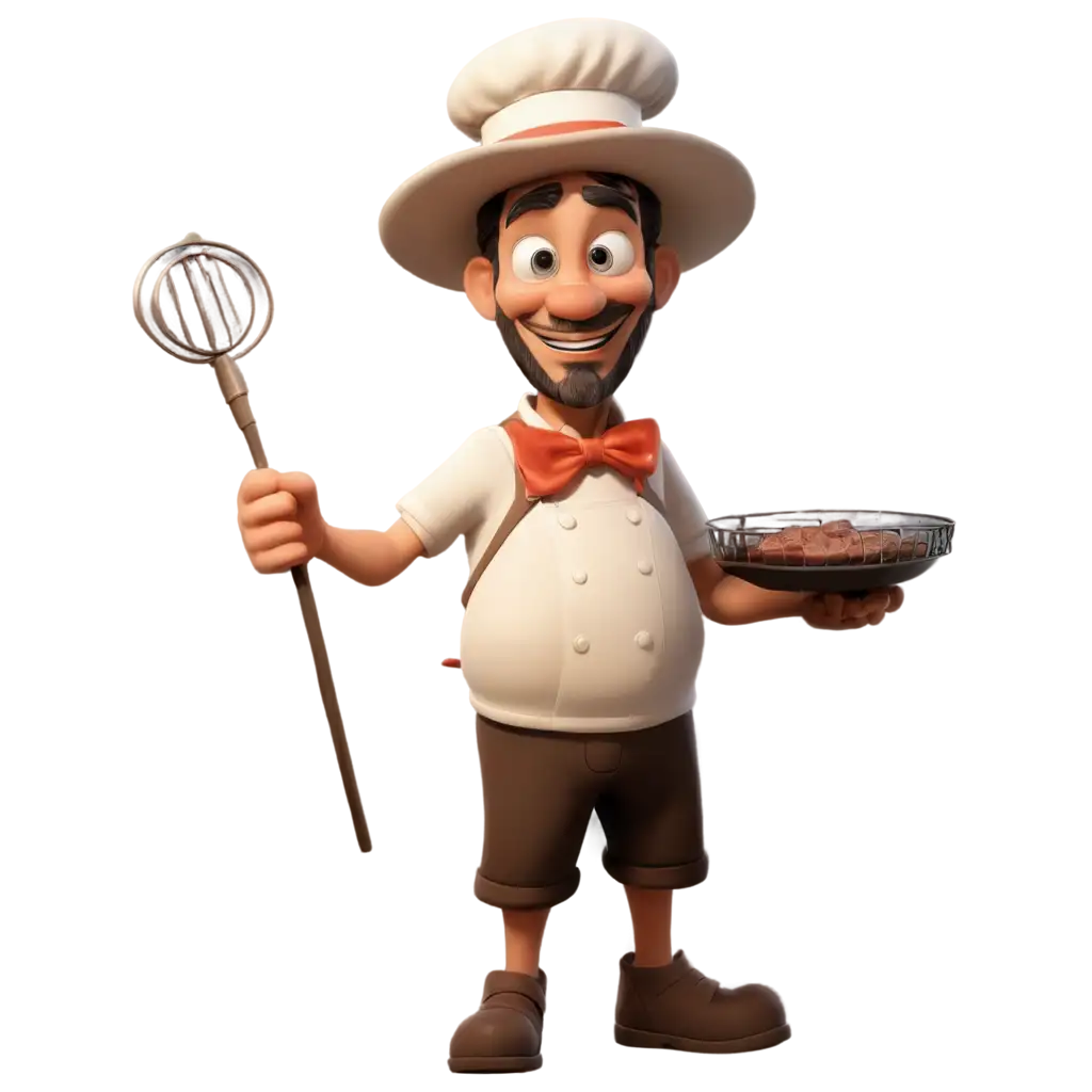 Una mago sabio con sombrero y baston de mago cocinando en una parrilla 2 filetes de carne imagen tipo disney