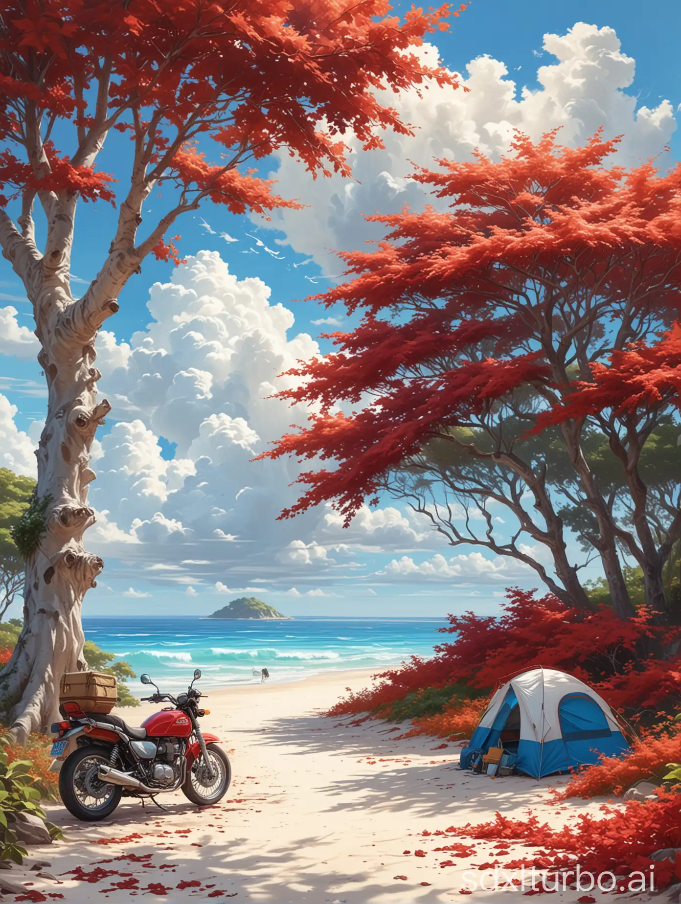 A digital painting style,a vivid bright fluffy cloudy white clouds,below is partially seen ocean and white sand shore and a huge tree with red leaves,a blue motorcycle parked and a camping tent